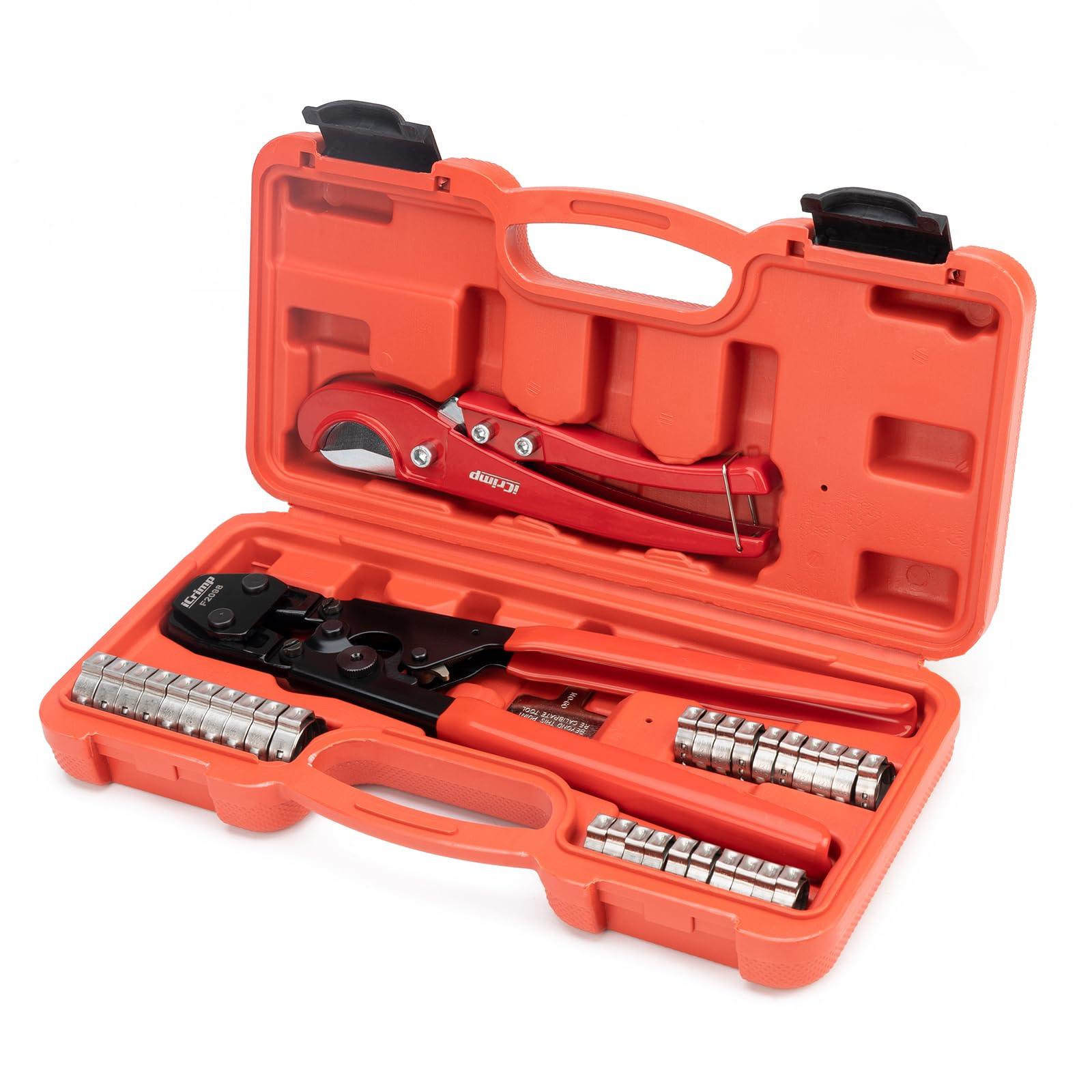 iCrimp PEX Clamp Tool Kit for 3/8-in, 1/2-in, 3/4-in, 1-in PEX Clamp Cinch & Removal, c/w 1/2''(20 Pack) and 3/4''(10 Pack) PEX Clamp Rings, PEX Tubing Cutter.