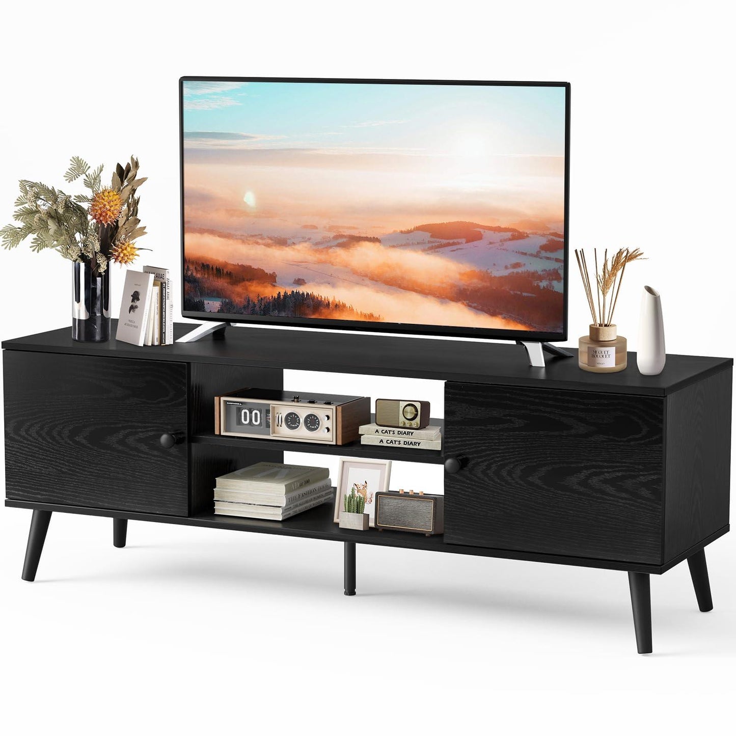 Sweetcrispy TV Stand for 55 60 inch TV, Modern Mid Century Entertainment Center with Storage, Media Console Table 2 Cabinet, Soft Hinge, Handle Door, Wooden Living Room, Office Furniture, Rustic Brown.