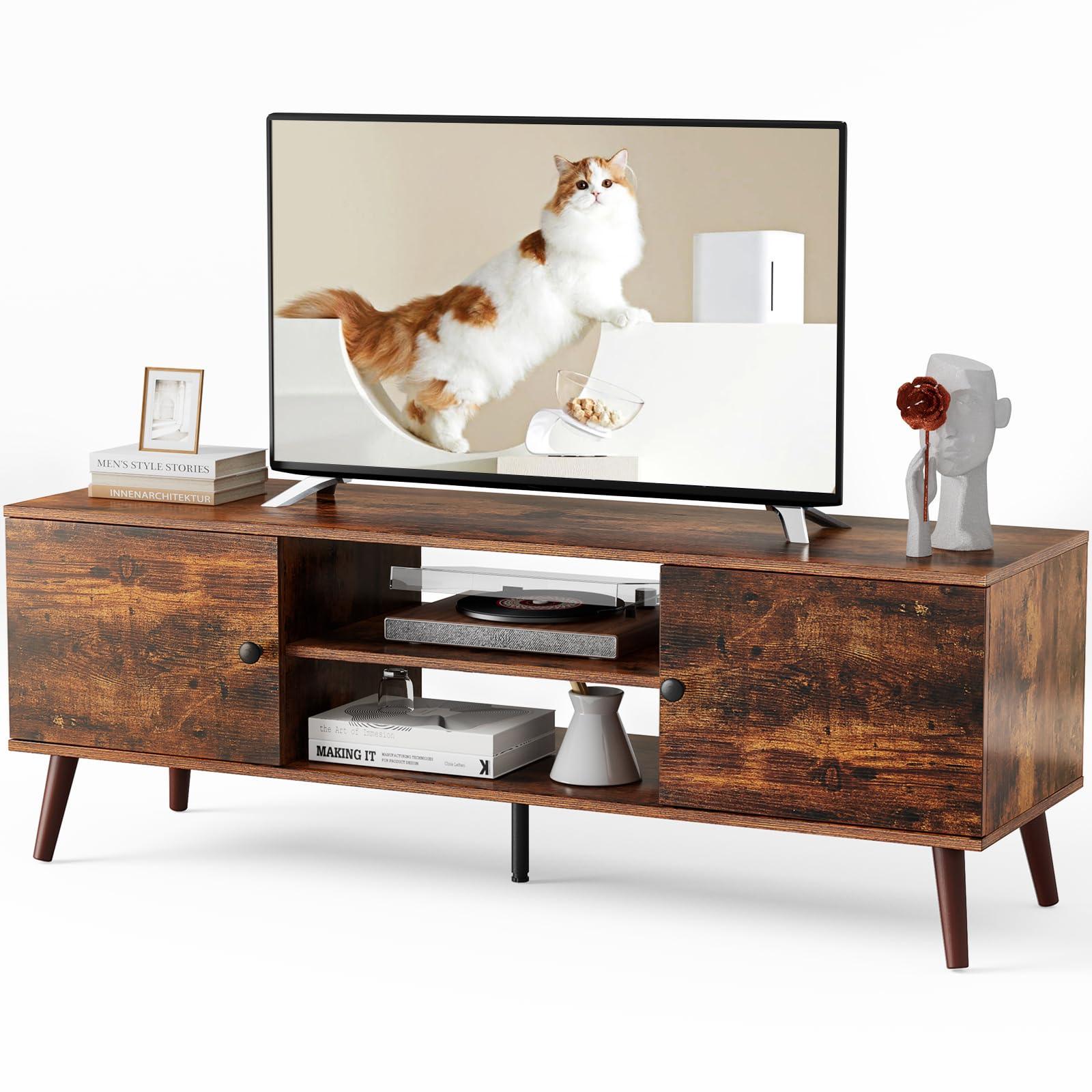 Sweetcrispy TV Stand for 55 60 inch TV, Modern Mid Century Entertainment Center with Storage, Media Console Table 2 Cabinet, Soft Hinge, Handle Door, Wooden Living Room, Office Furniture, Rustic Brown.