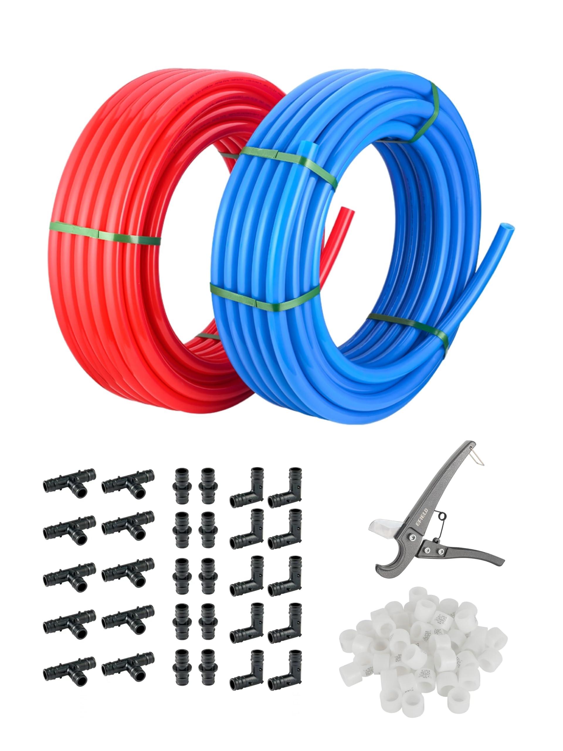 EFIELD 1/2-inch 2 x100 ft Pex-A Tubing/Pipe （All in One） Red & Blue 200 ft， 30 PCS 1/2