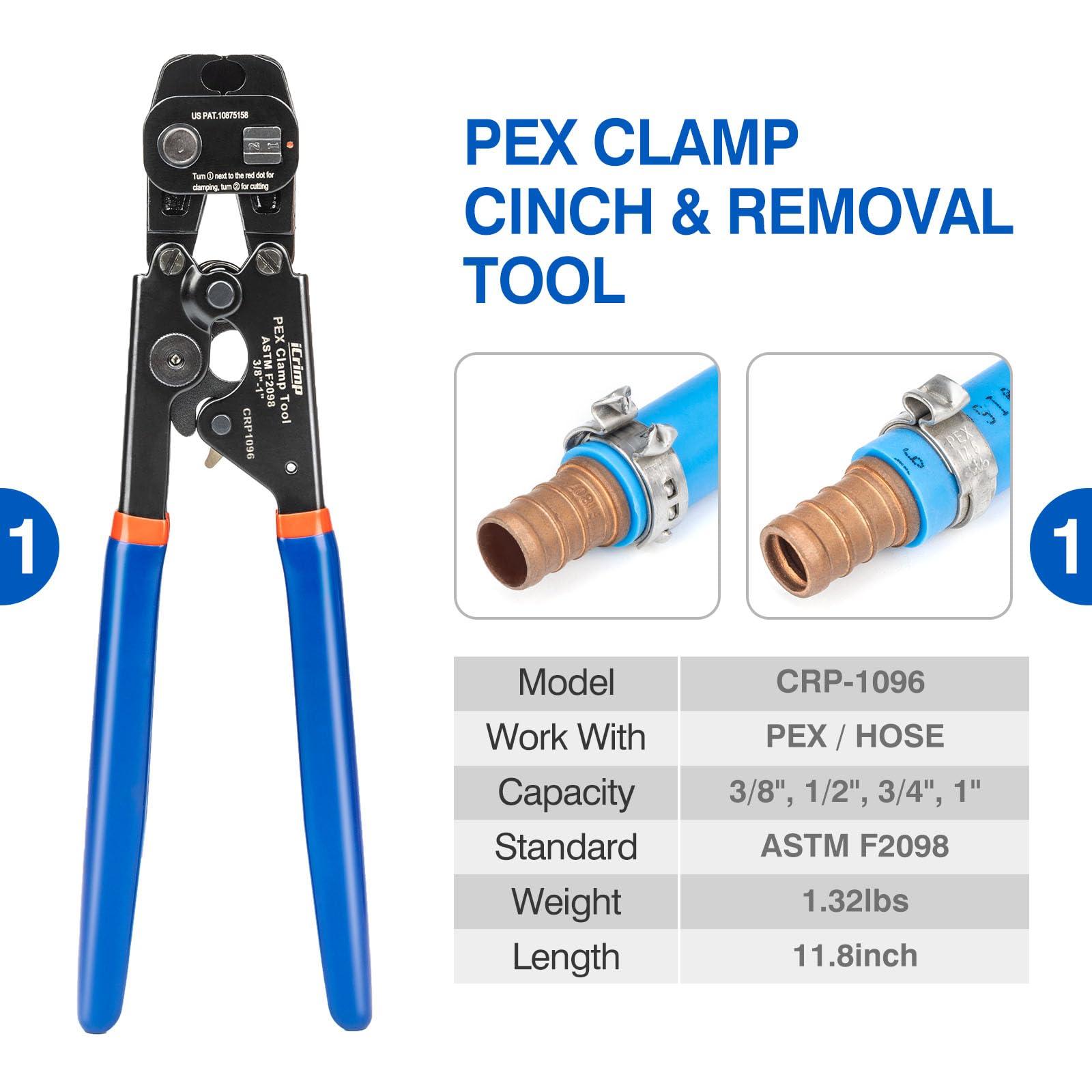 iCrimp PEX Clamp Tool Kit for 3/8-in, 1/2-in, 3/4-in, 1-in PEX Clamp Cinch & Removal, c/w 1/2''(20 Pack) and 3/4''(10 Pack) PEX Clamp Rings, PEX Tubing Cutter.