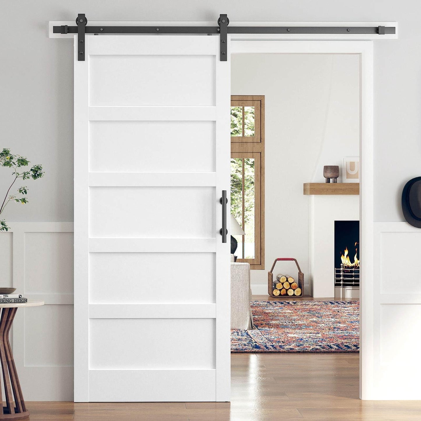 30x84 Inch White Sliding Barn Door Slab with 5.5ft Hardware Kit Included, 5-Panel, MDF Wood Panel Covered with Water-Proof Scratch-Proof PVC Surface, Simple DIY Assembly.