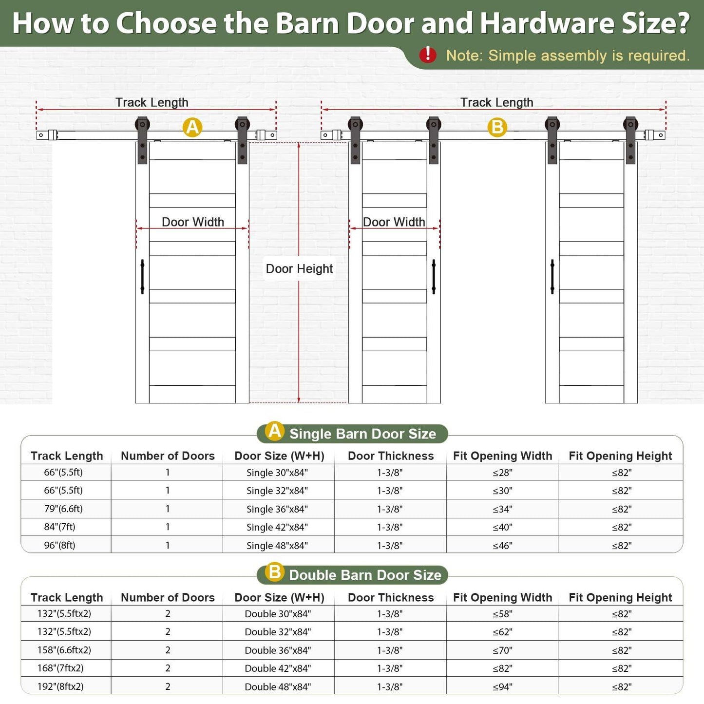 30x84 Inch White Sliding Barn Door Slab with 5.5ft Hardware Kit Included, 5-Panel, MDF Wood Panel Covered with Water-Proof Scratch-Proof PVC Surface, Simple DIY Assembly.