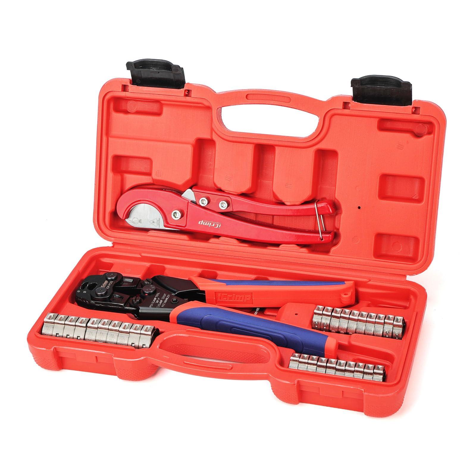 iCrimp PEX Clamp Tool Kit for 3/8-in, 1/2-in, 3/4-in, 1-in PEX Clamp Cinch & Removal, c/w 1/2''(20 Pack) and 3/4''(10 Pack) PEX Clamp Rings, PEX Tubing Cutter.