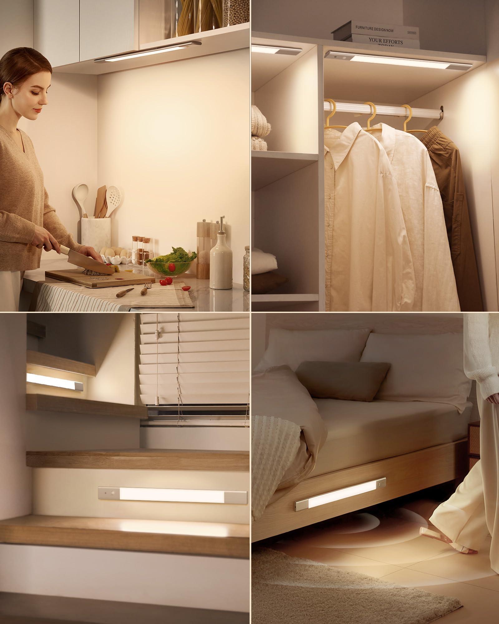 EZVALO Under Cabinet Lighting, 2200mAh Detachable Battery, 76 LEDs Dimmable Closet Lights, 3 Color Temps, Wireless Motion Sensor Light for Stairway, Kitchen, Wardrobe with 3 Battery.