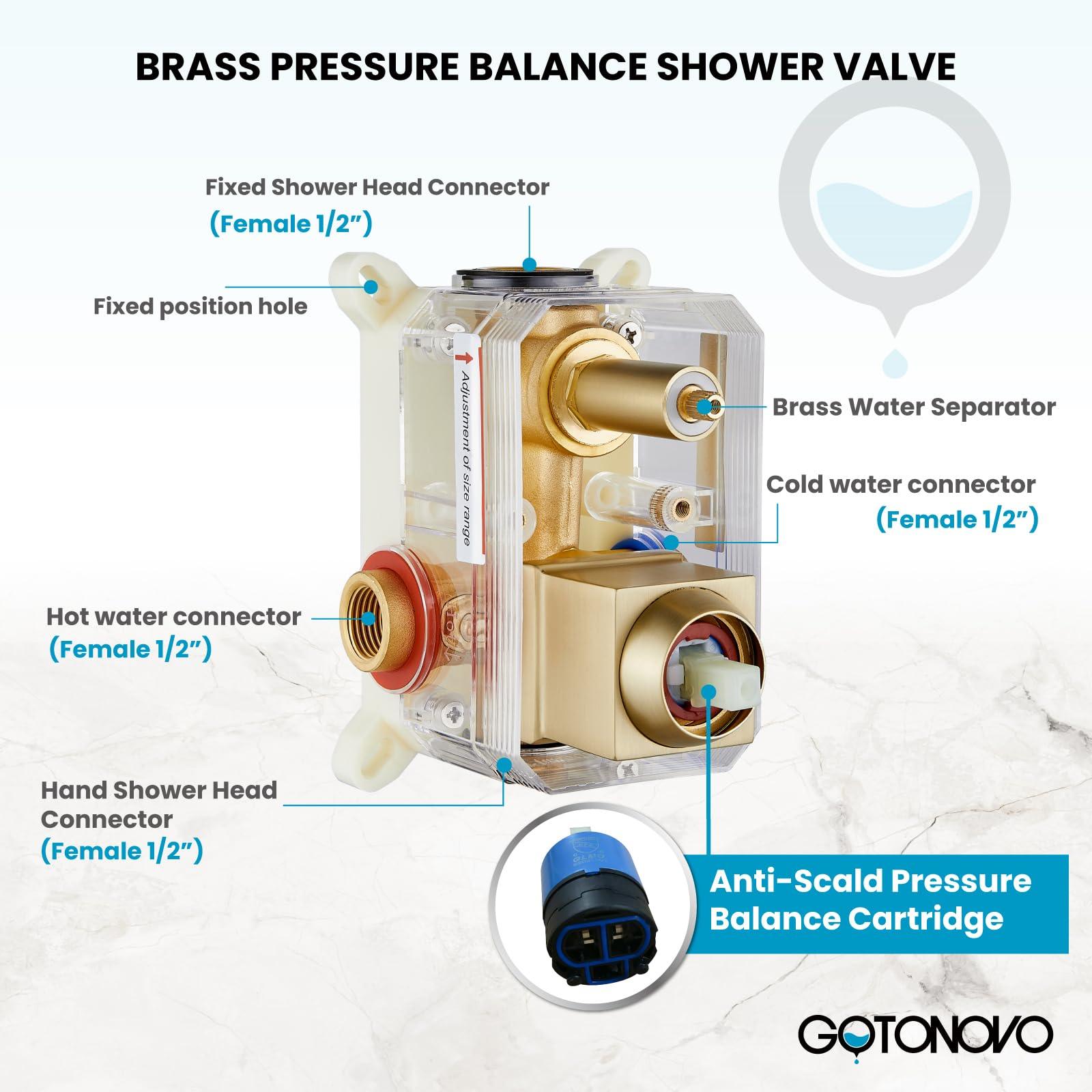 gotonovo Rainfall Bathroom Shower System Rain Shower Head and Handle Set Wall Mounted Shower Complete Combo Solid Brass Pressure Balancing Shower Mixer Valve 10 Inch Matte Black