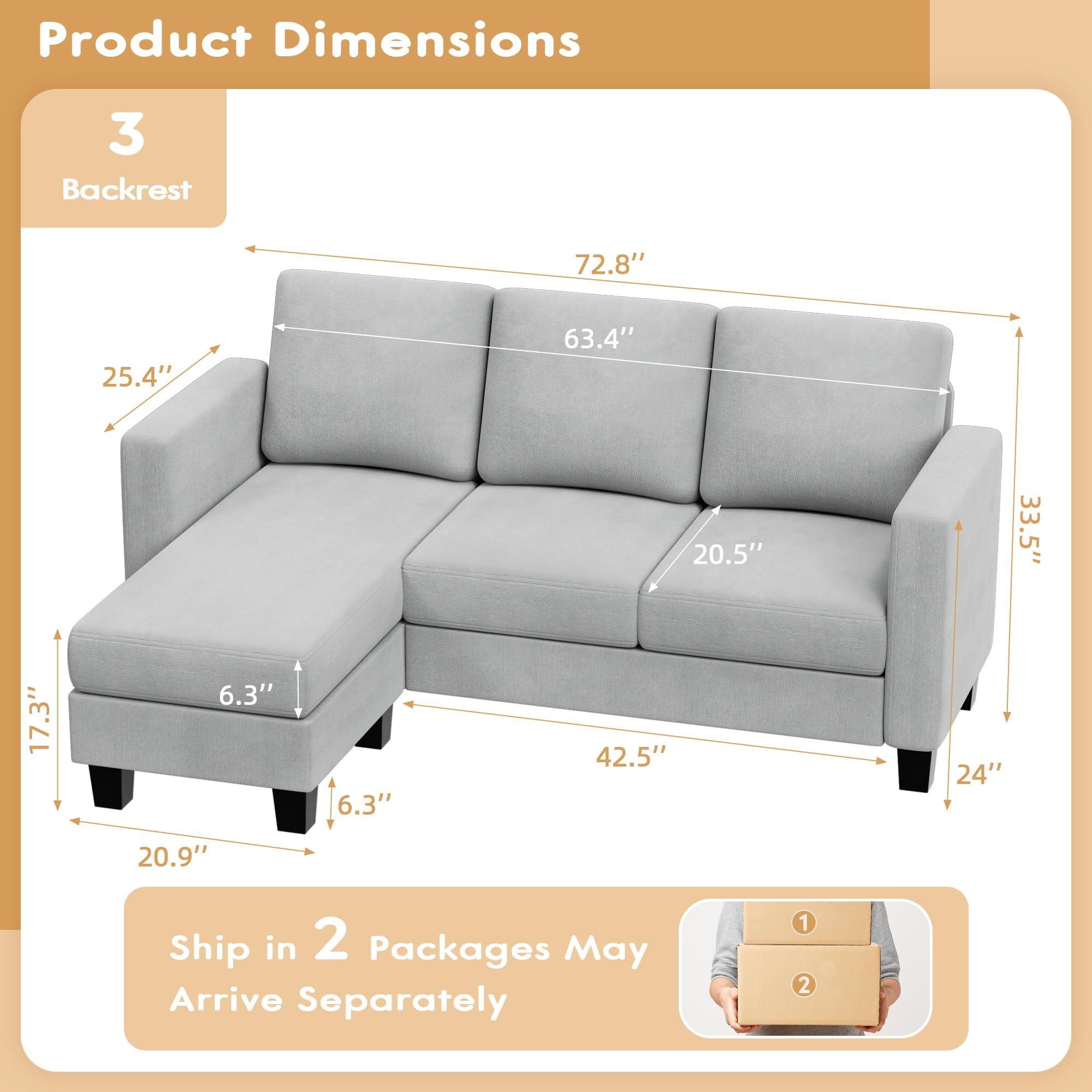 VICTONE Convertible Sectional Sofa Couch, 3 Seat L-Shaped Sofa with Linen Fabric Ottoman Small Couch for Small Apartments, Living Room and Office (Dark Gray).