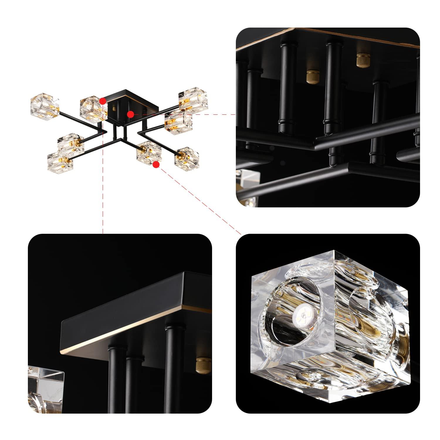 8-Lights Semi Flush Mount Ceiling Light Fixture,Black and Gold Modern Crystal Chandeliers,Farmhouse Lighting Fixtures for Dining Room Living Room Kitchen Bedroom Entryway.