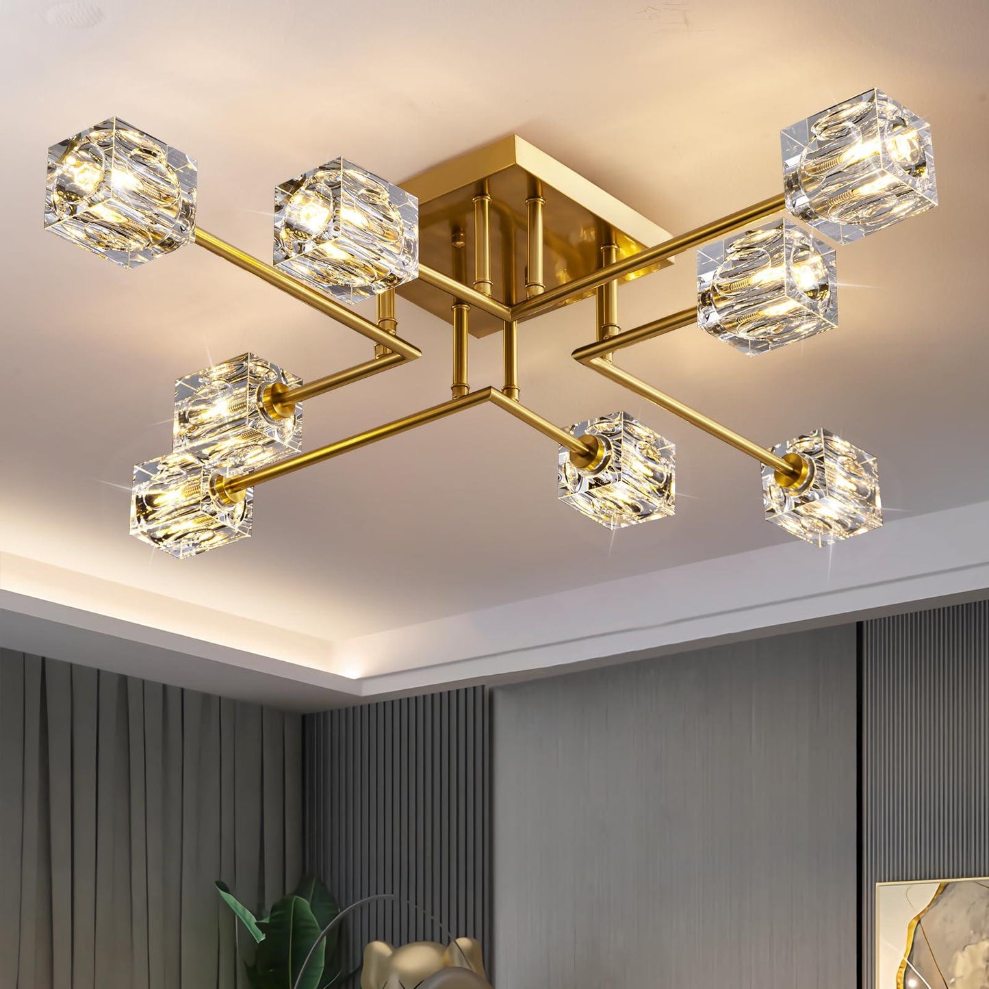 8-Lights Semi Flush Mount Ceiling Light Fixture,Black and Gold Modern Crystal Chandeliers,Farmhouse Lighting Fixtures for Dining Room Living Room Kitchen Bedroom Entryway.