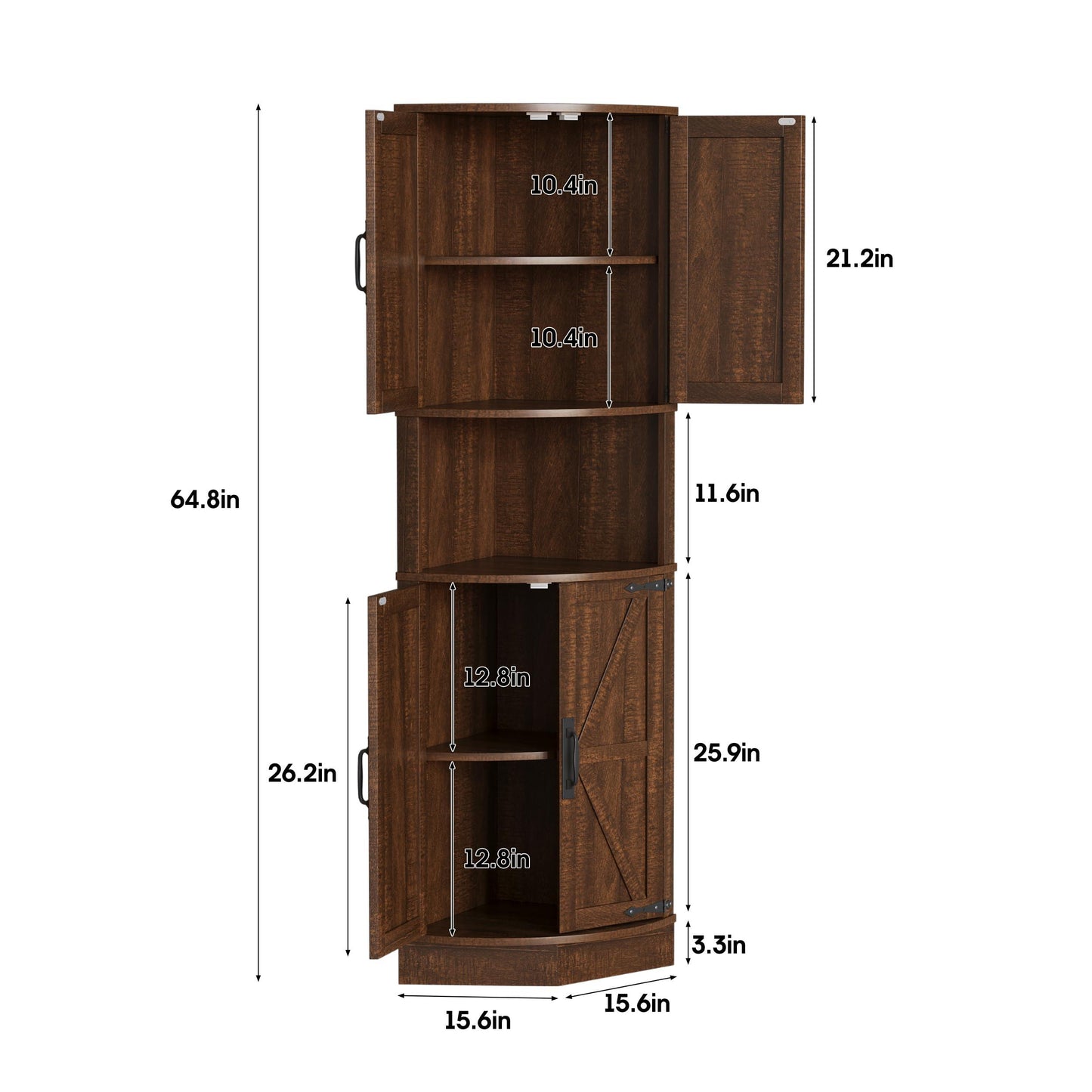 Vabches 64.8" Tall Farmhouse Corner Cabinet with 4 Doors and 5 Storage Shelves, Farmhouse Storage Cabinet with Barn Door Design, Home Space Saver for Living Room, Kitchen, Laundry Room,White.