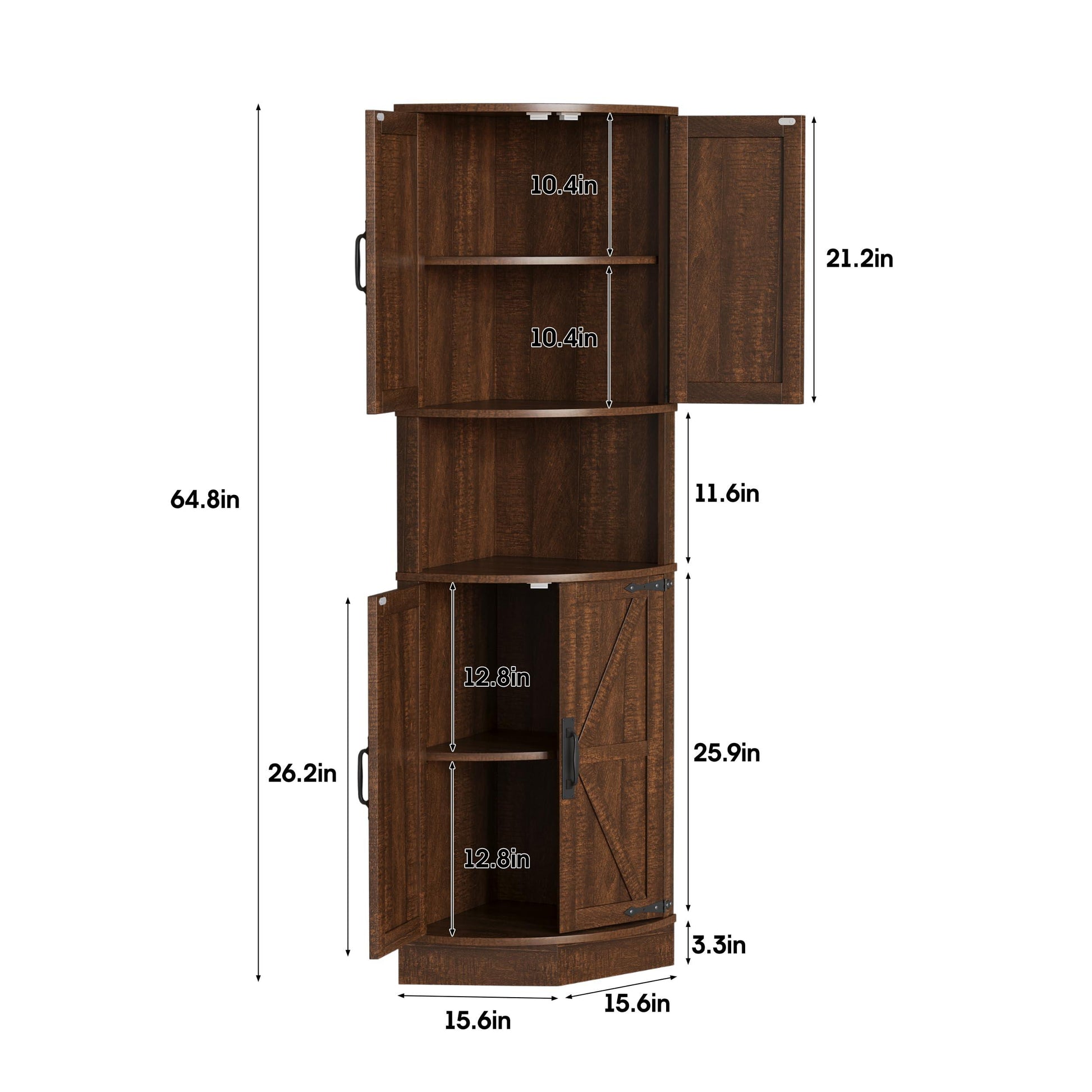 Vabches 64.8" Tall Farmhouse Corner Cabinet with 4 Doors and 5 Storage Shelves, Farmhouse Storage Cabinet with Barn Door Design, Home Space Saver for Living Room, Kitchen, Laundry Room,White.