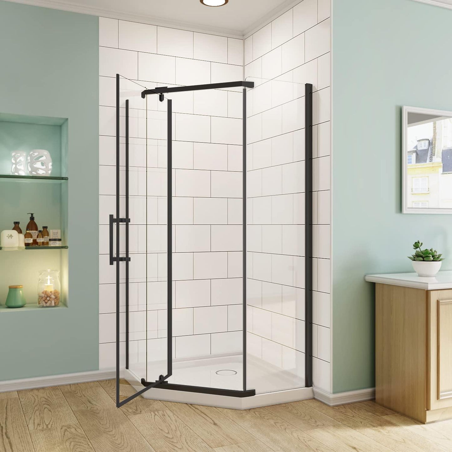 SUNNY SHOWER Double Sliding Shower Door 36.7 in. D x 36.7 in. W x 72 in.H Round Corner Shower doors with 1/4 in. Clear Glass Framed Shower Enclosure with Black Finish with Shower Base