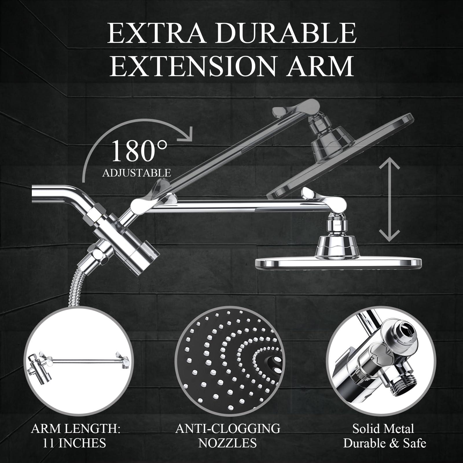 Veken High Pressure Rain Shower Head Combo with Extension Arm- Wide Showerhead with 6 Handheld Water Spray - Adjustable Dual Showerhead with Anti-Clog Nozzles - Silver Chrome.