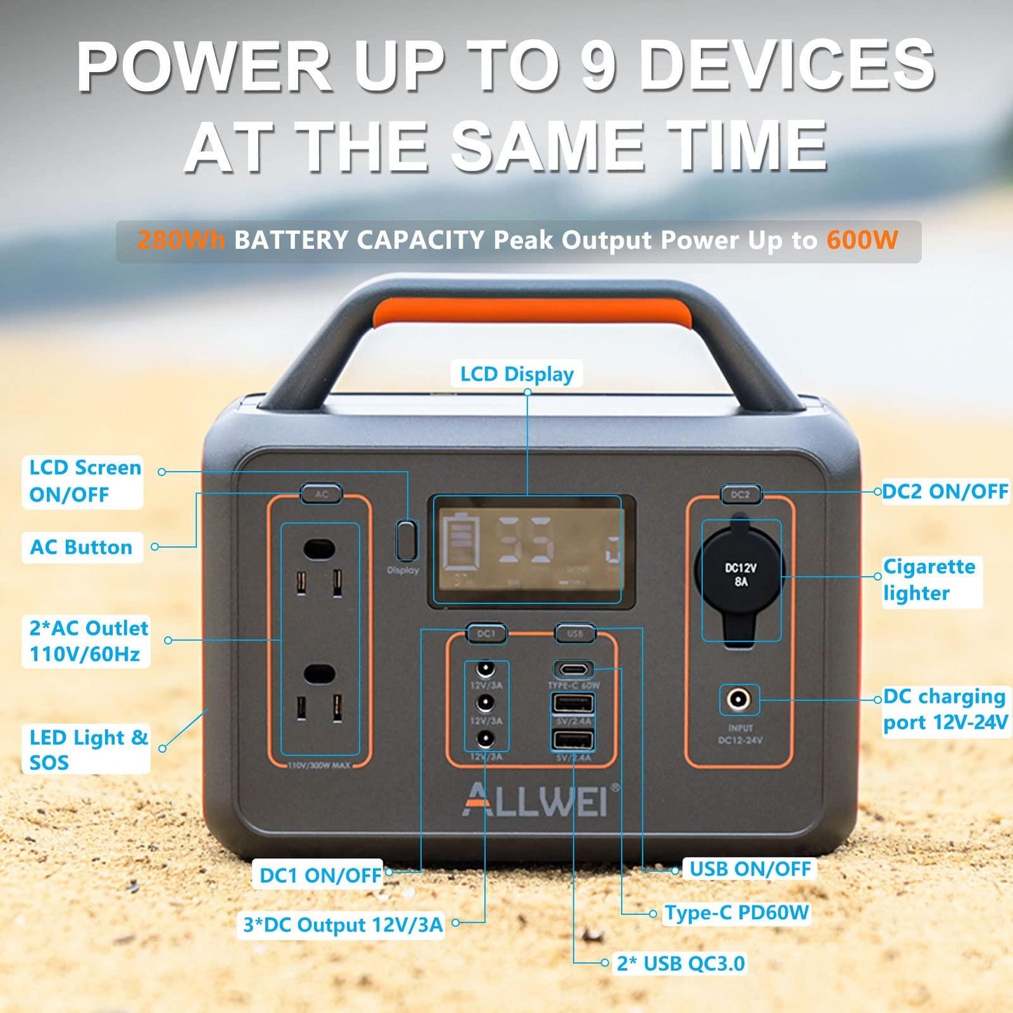 ALLWEI Portable Power Station 300W(Surge 600W), 280Wh Solar Generator with 120V AC Outlet, 78000mAh Backup Lithium Battery Generator for CPAP Outdoor RV Camping Emergency Home Use