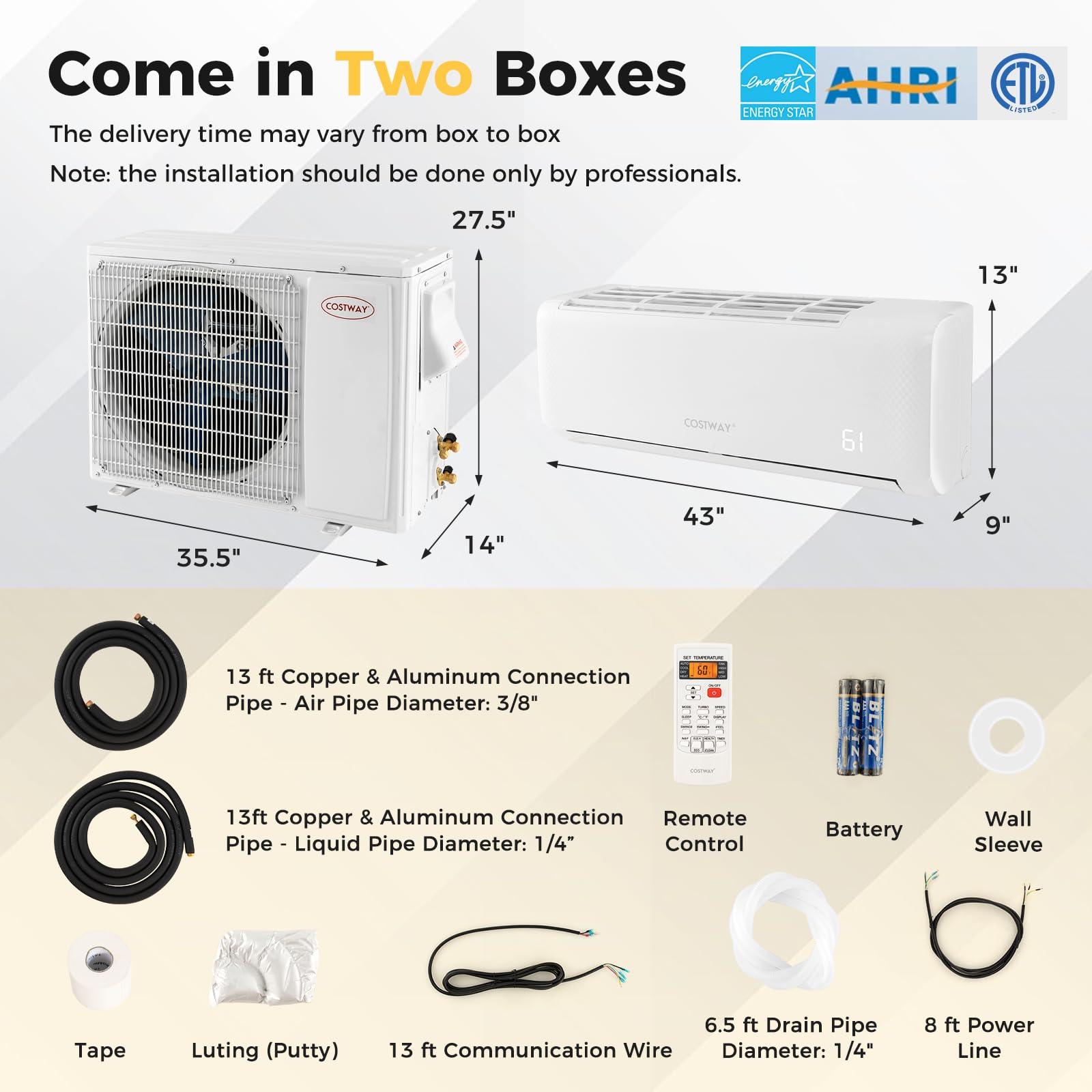 COSTWAY Blast Series 9000BTU Split Air Conditioner & Heater, 17 SEER2 208V-230V Energy Efficient Wall Mount AC Unit w/Heat Pump, Inverter System, Remote Control, Cools Rooms up to 450 Sq. Ft.