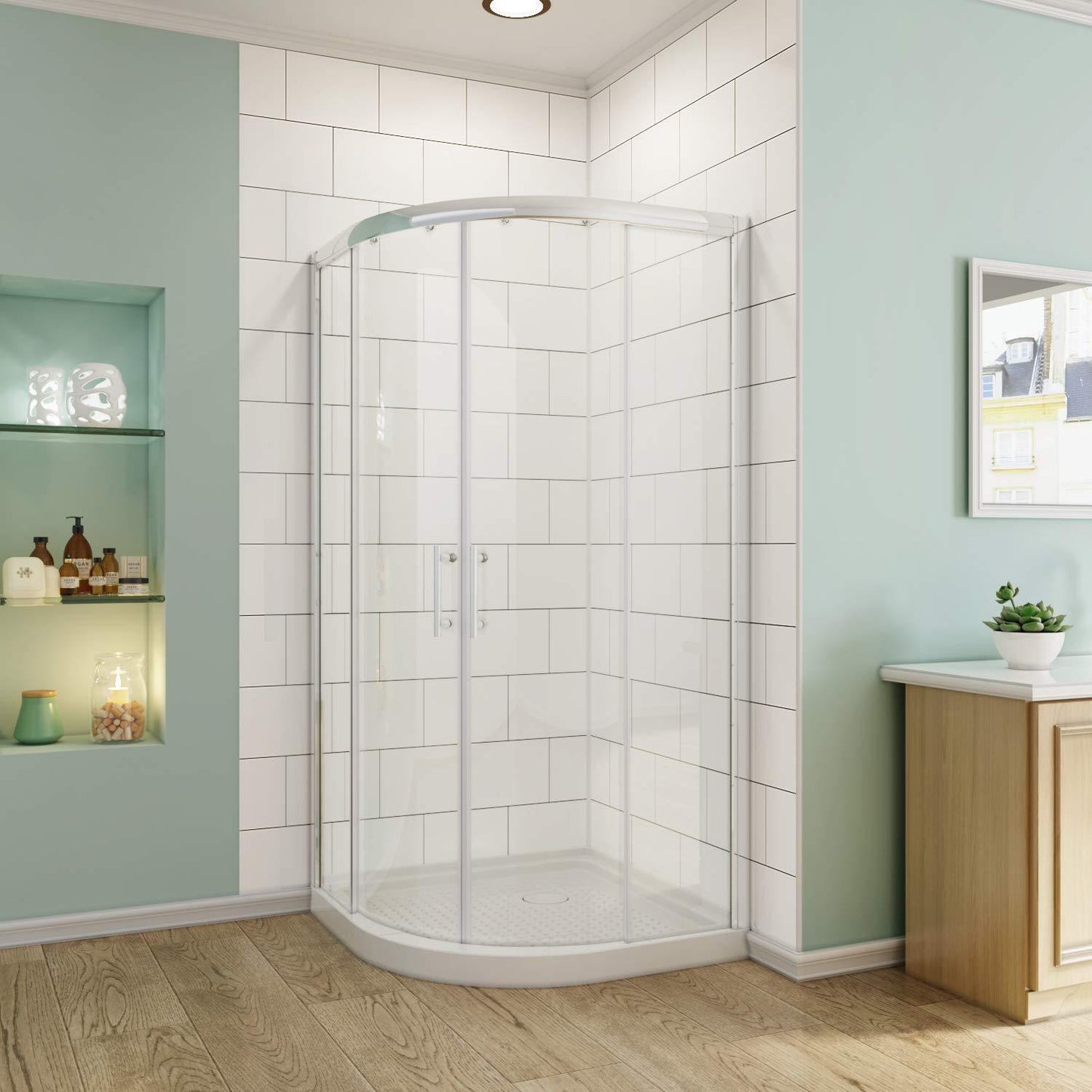 SUNNY SHOWER Double Sliding Shower Door 36.7 in. D x 36.7 in. W x 72 in.H Round Corner Shower doors with 1/4 in. Clear Glass Framed Shower Enclosure with Black Finish with Shower Base