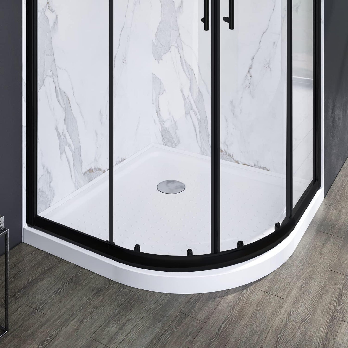 SUNNY SHOWER Double Sliding Shower Door 36.7 in. D x 36.7 in. W x 72 in.H Round Corner Shower doors with 1/4 in. Clear Glass Framed Shower Enclosure with Black Finish with Shower Base.