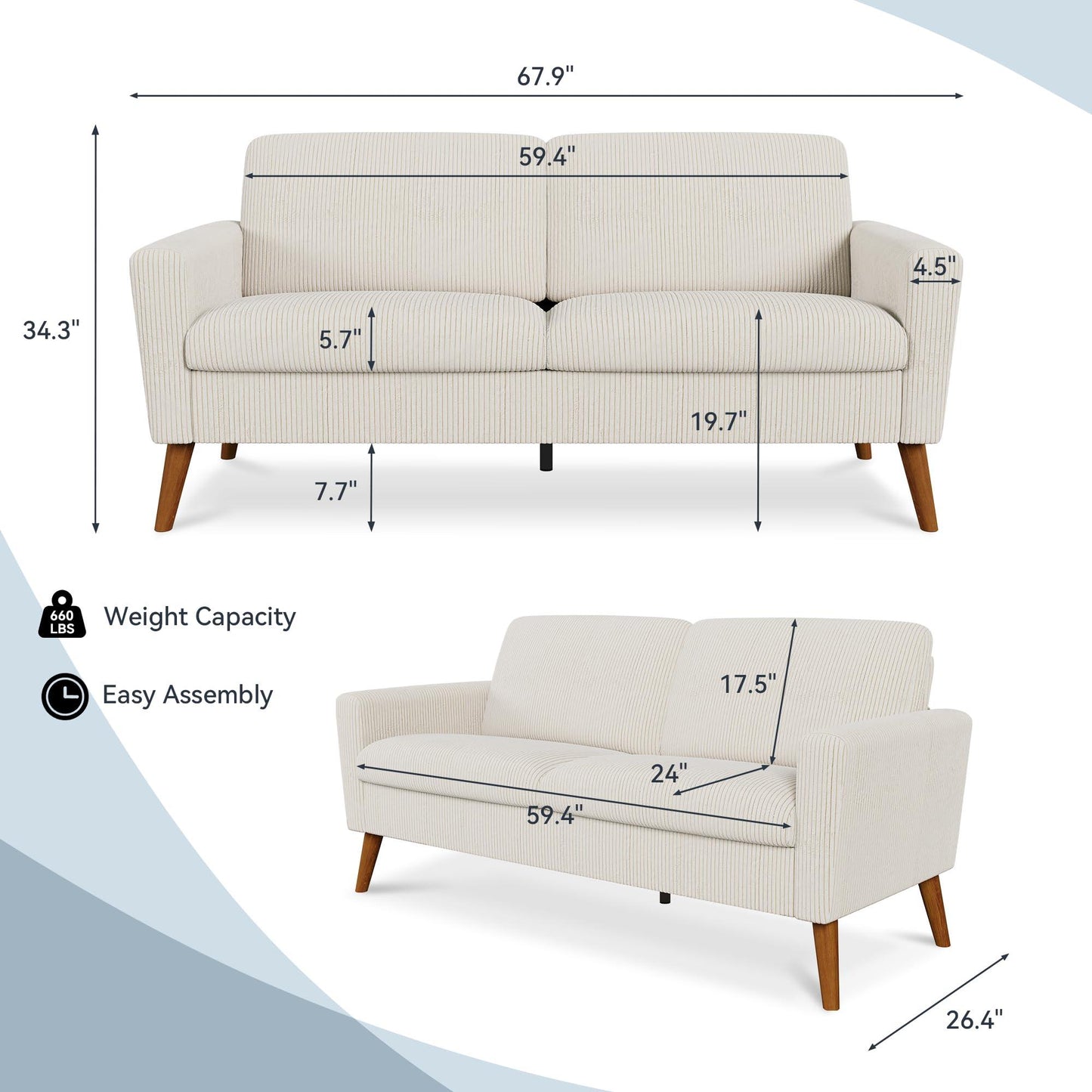 68" Loveseat Sofa for Living Room, Mid Century Modern Deep Seating Couches for Apartment Furniture, Comfy Two Seater Couches Sleeper Sofas, Grey Linen