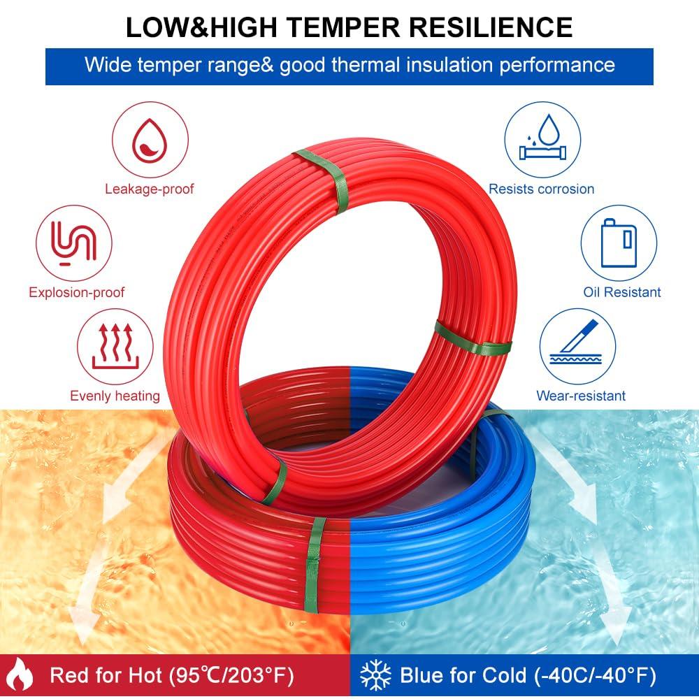 EFIELD 1/2-inch 2 x100 ft Pex-A Tubing/Pipe （All in One） Red & Blue 200 ft， 30 PCS 1/2" Brass Expansion pex Fittings- Elbow Tee Coupler (30 PCS), 1/2' Expansion Rings (100 Pcs), Pipe Cutter (1/2-inch)