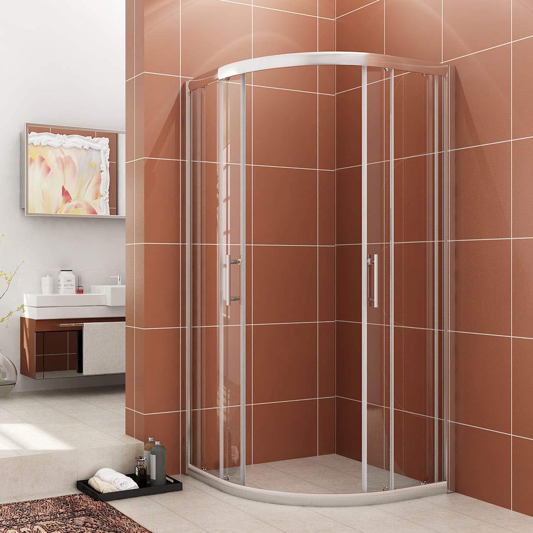 SUNNY SHOWER Double Sliding Shower Door 36.7 in. D x 36.7 in. W x 72 in.H Round Corner Shower doors with 1/4 in. Clear Glass Framed Shower Enclosure with Black Finish with Shower Base