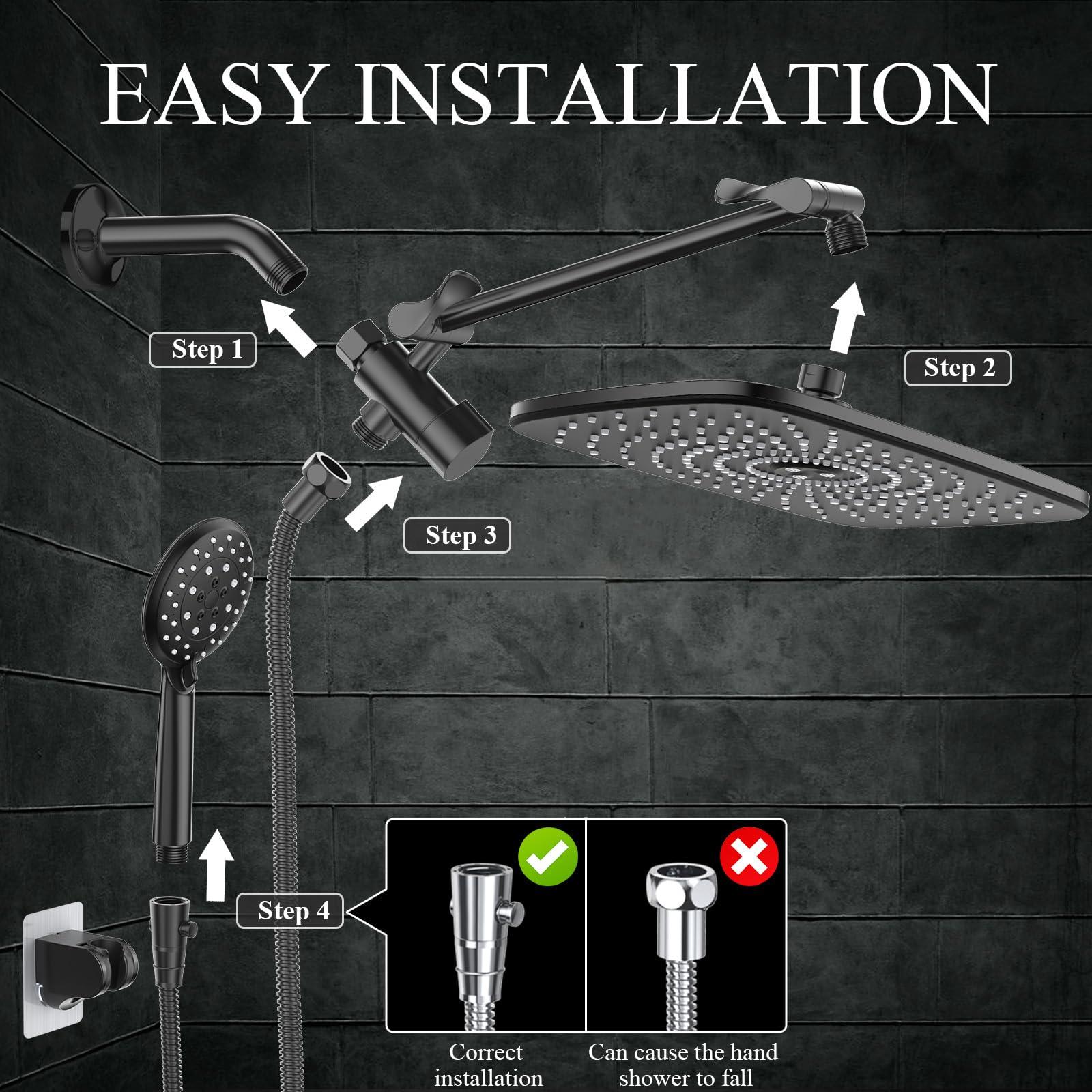 Veken High Pressure Rain Shower Head Combo with Extension Arm- Wide Showerhead with 6 Handheld Water Spray - Adjustable Dual Showerhead with Anti-Clog Nozzles - Silver Chrome.