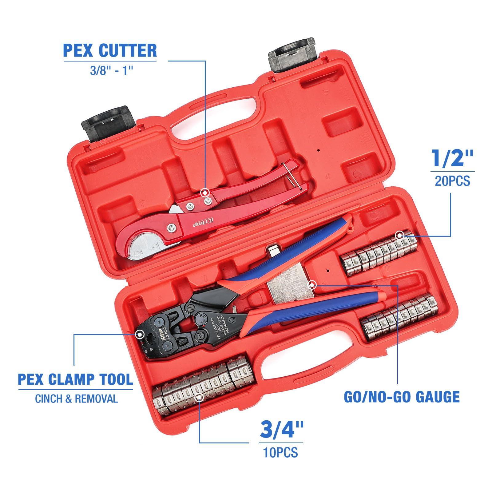 iCrimp PEX Clamp Tool Kit for 3/8-in, 1/2-in, 3/4-in, 1-in PEX Clamp Cinch & Removal, c/w 1/2''(20 Pack) and 3/4''(10 Pack) PEX Clamp Rings, PEX Tubing Cutter