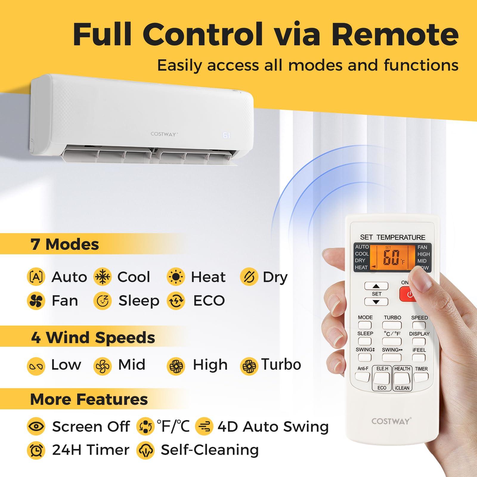 COSTWAY Blast Series 9000BTU Split Air Conditioner & Heater, 17 SEER2 208V-230V Energy Efficient Wall Mount AC Unit w/Heat Pump, Inverter System, Remote Control, Cools Rooms up to 450 Sq. Ft.