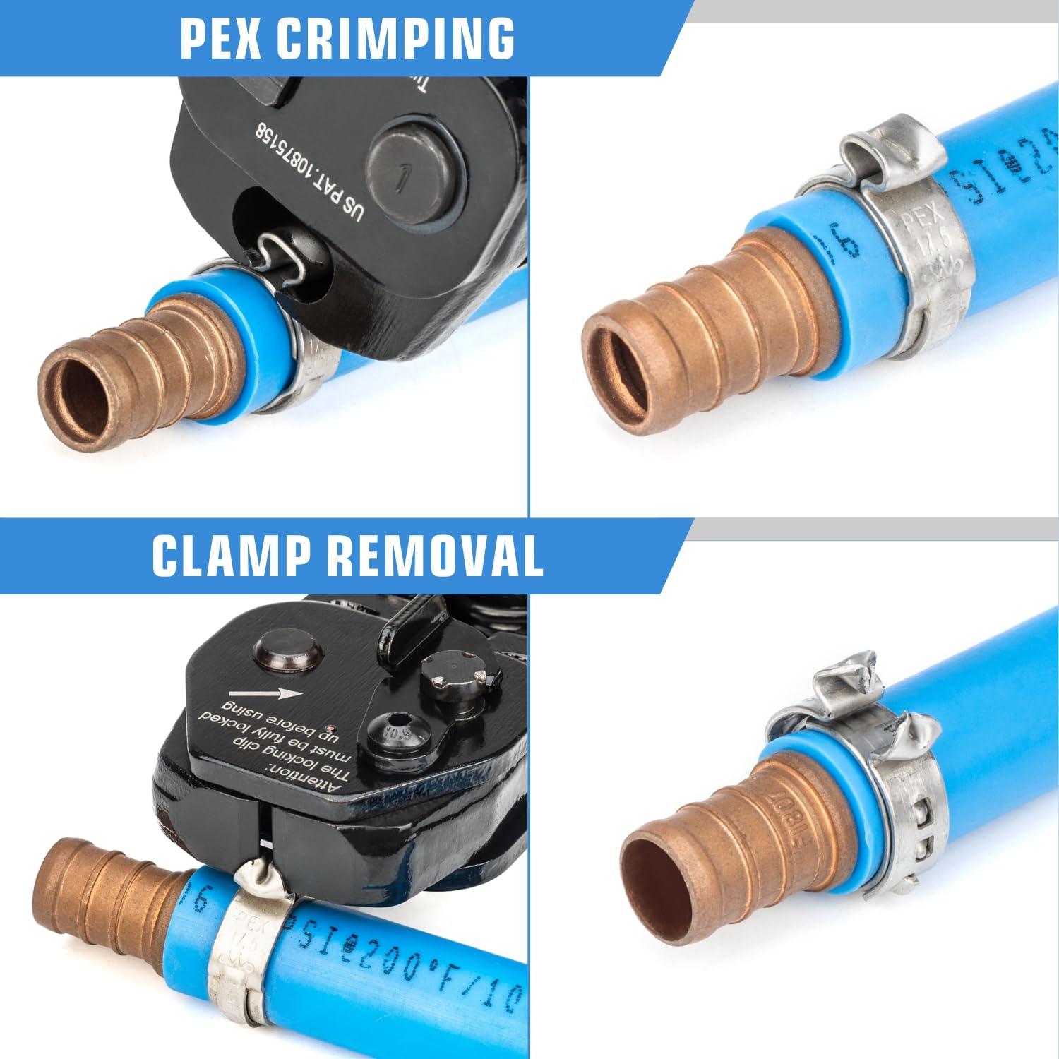 iCrimp PEX Clamp Tool Kit for 3/8-in, 1/2-in, 3/4-in, 1-in PEX Clamp Cinch & Removal, c/w 1/2''(20 Pack) and 3/4''(10 Pack) PEX Clamp Rings, PEX Tubing Cutter.