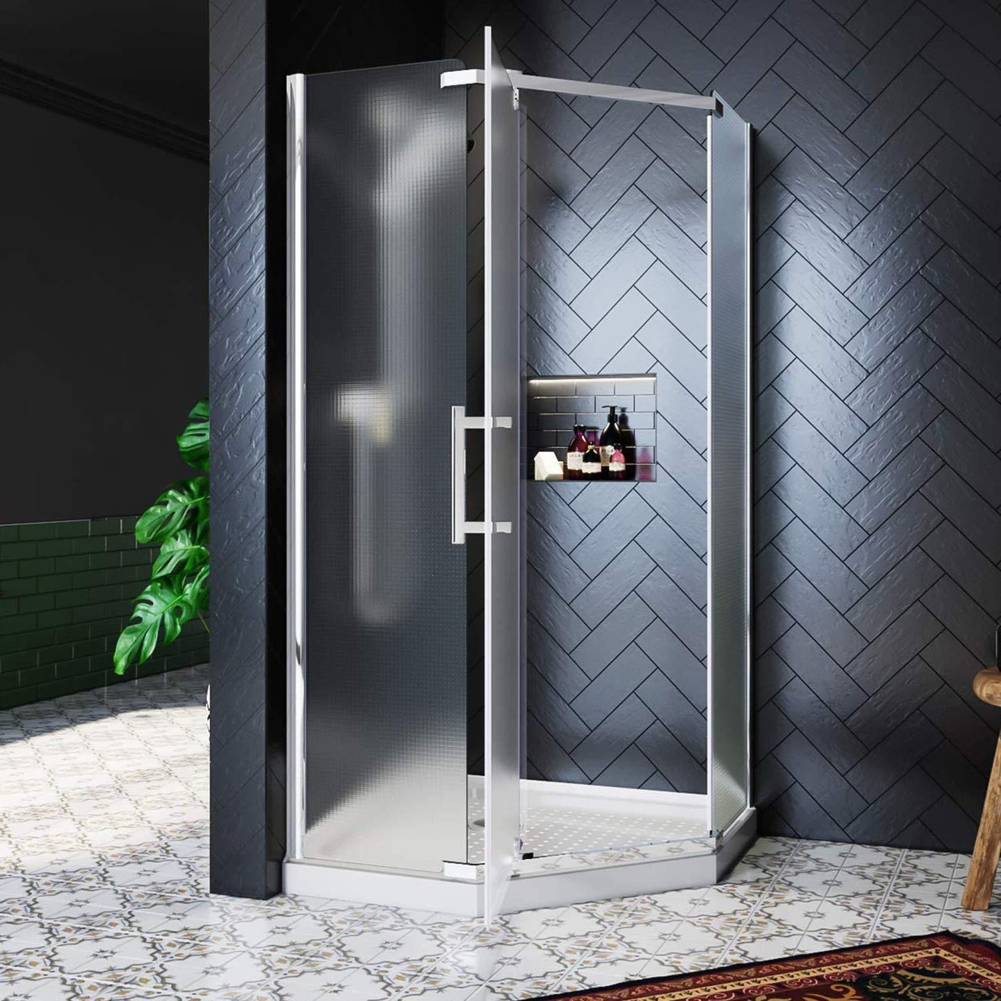 SUNNY SHOWER Double Sliding Shower Door 36.7 in. D x 36.7 in. W x 72 in.H Round Corner Shower doors with 1/4 in. Clear Glass Framed Shower Enclosure with Black Finish with Shower Base