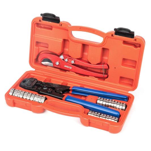 iCrimp PEX Clamp Tool Kit for 3/8-in, 1/2-in, 3/4-in, 1-in PEX Clamp Cinch & Removal, c/w 1/2''(20 Pack) and 3/4''(10 Pack) PEX Clamp Rings, PEX Tubing Cutter.