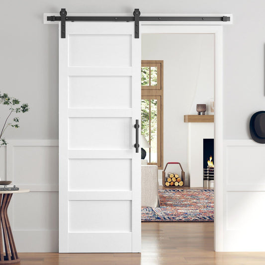 30x84 Inch White Sliding Barn Door Slab with 5.5ft Hardware Kit Included, 5-Panel, MDF Wood Panel Covered with Water-Proof Scratch-Proof PVC Surface, Simple DIY Assembly.