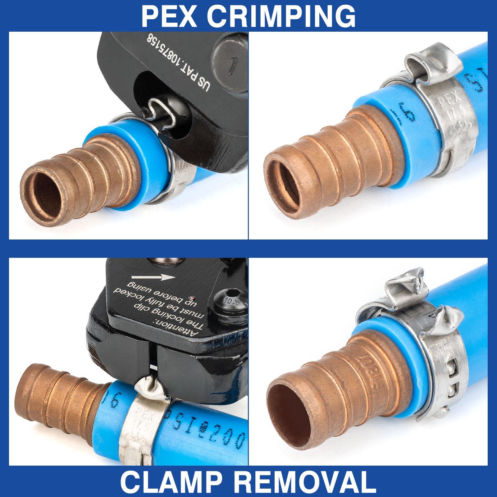 iCrimp PEX Clamp Tool Kit for 3/8-in, 1/2-in, 3/4-in, 1-in PEX Clamp Cinch & Removal, c/w 1/2''(20 Pack) and 3/4''(10 Pack) PEX Clamp Rings, PEX Tubing Cutter.