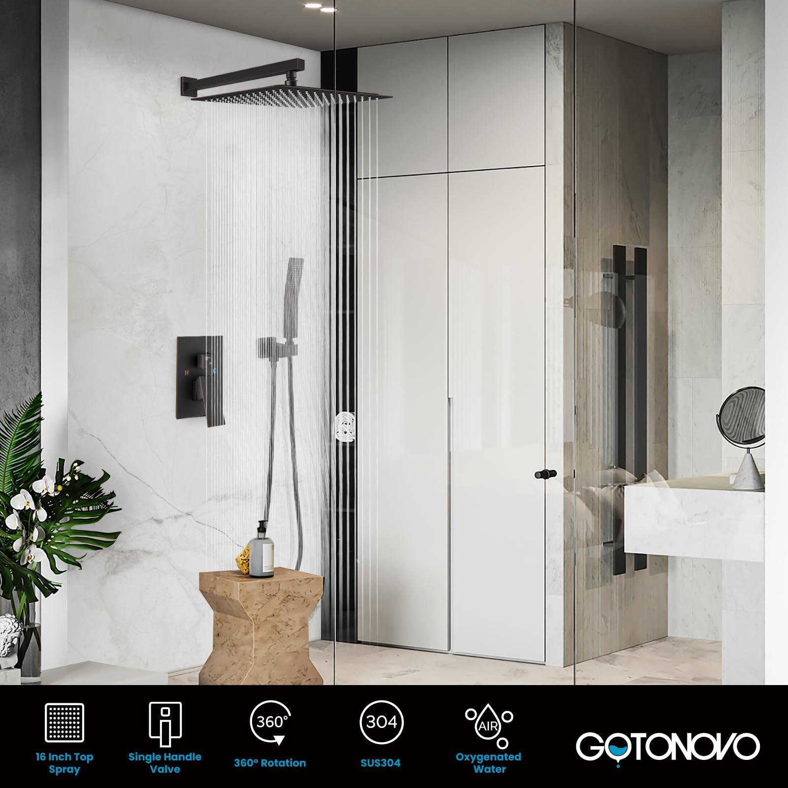 gotonovo Rainfall Bathroom Shower System Rain Shower Head and Handle Set Wall Mounted Shower Complete Combo Solid Brass Pressure Balancing Shower Mixer Valve 10 Inch Matte Black