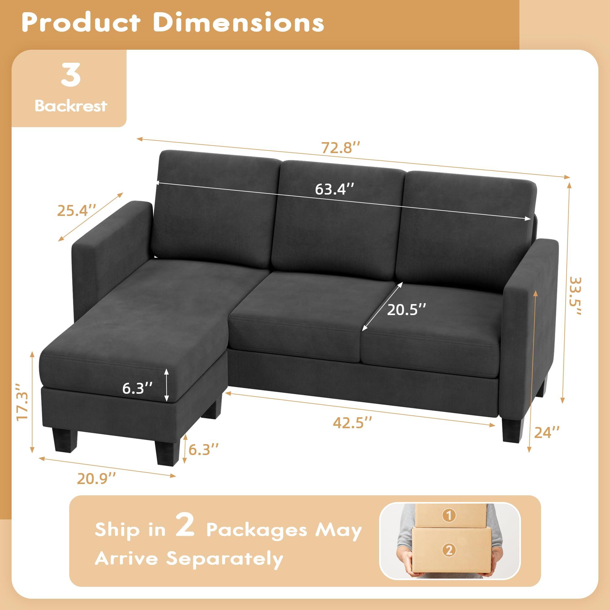 VICTONE Convertible Sectional Sofa Couch, 3 Seat L-Shaped Sofa with Linen Fabric Ottoman Small Couch for Small Apartments, Living Room and Office (Dark Gray).