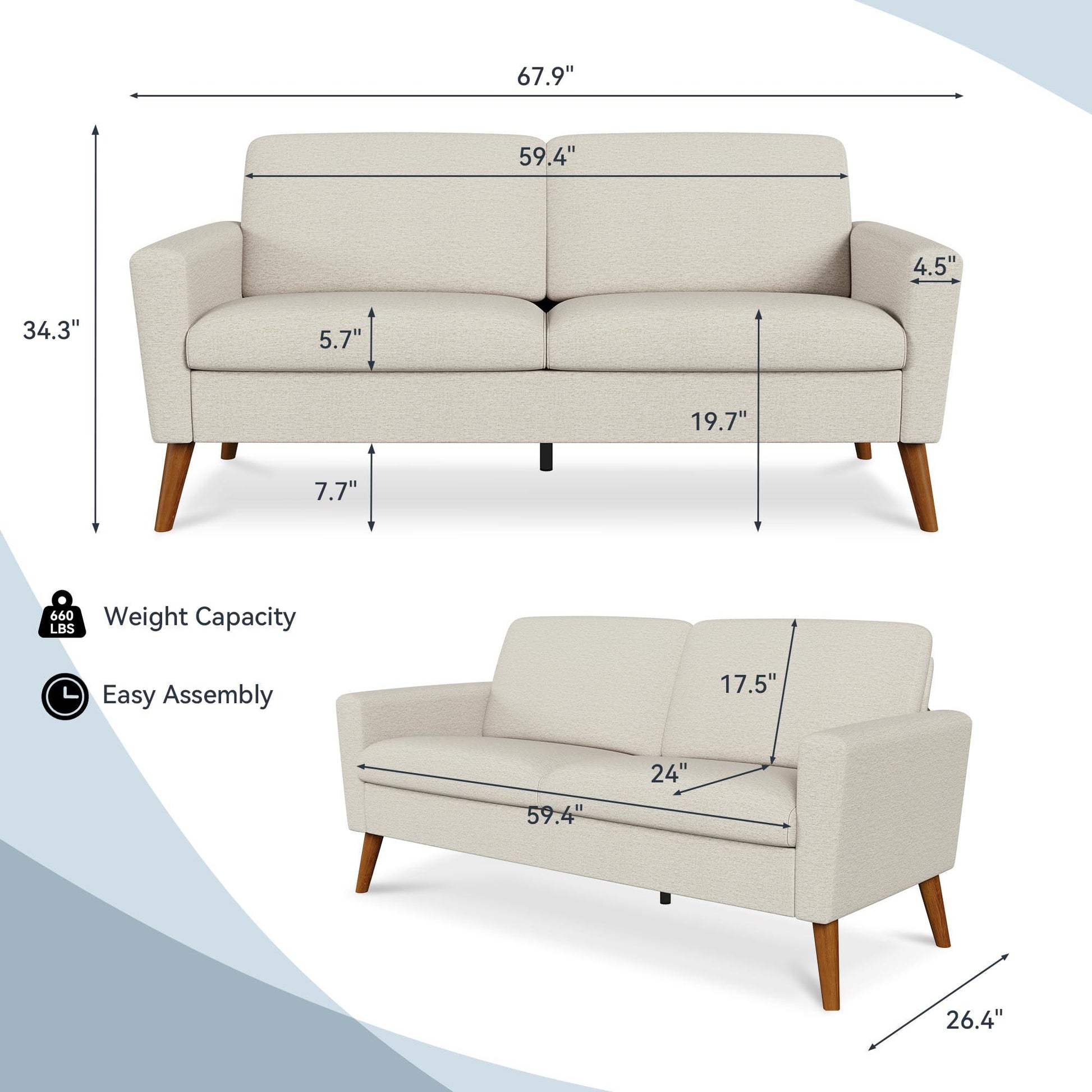 68" Loveseat Sofa for Living Room, Mid Century Modern Deep Seating Couches for Apartment Furniture, Comfy Two Seater Couches Sleeper Sofas, Grey Linen.