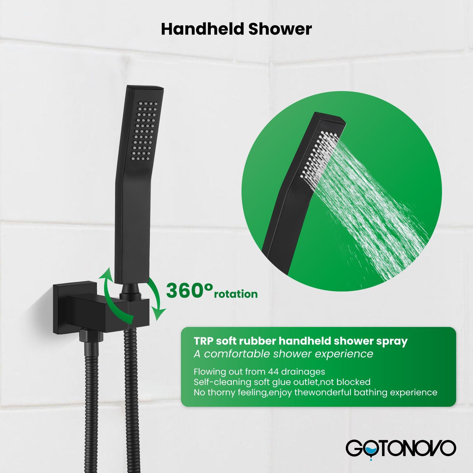 gotonovo Rainfall Bathroom Shower System Rain Shower Head and Handle Set Wall Mounted Shower Complete Combo Solid Brass Pressure Balancing Shower Mixer Valve 10 Inch Matte Black.