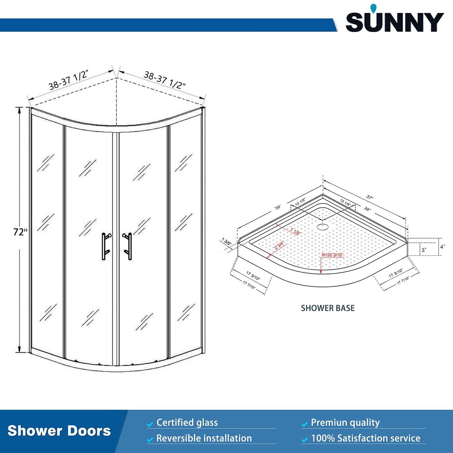 SUNNY SHOWER Double Sliding Shower Door 36.7 in. D x 36.7 in. W x 72 in.H Round Corner Shower doors with 1/4 in. Clear Glass Framed Shower Enclosure with Black Finish with Shower Base.