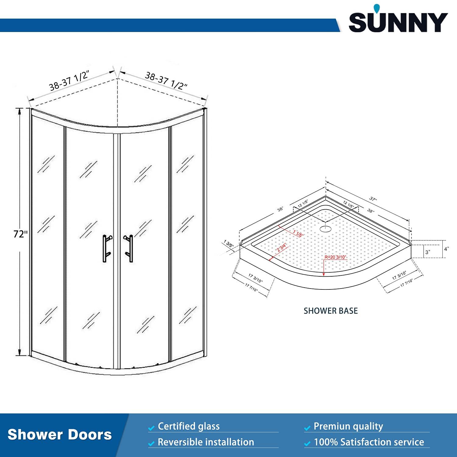 SUNNY SHOWER Double Sliding Shower Door 36.7 in. D x 36.7 in. W x 72 in.H Round Corner Shower doors with 1/4 in. Clear Glass Framed Shower Enclosure with Black Finish with Shower Base.