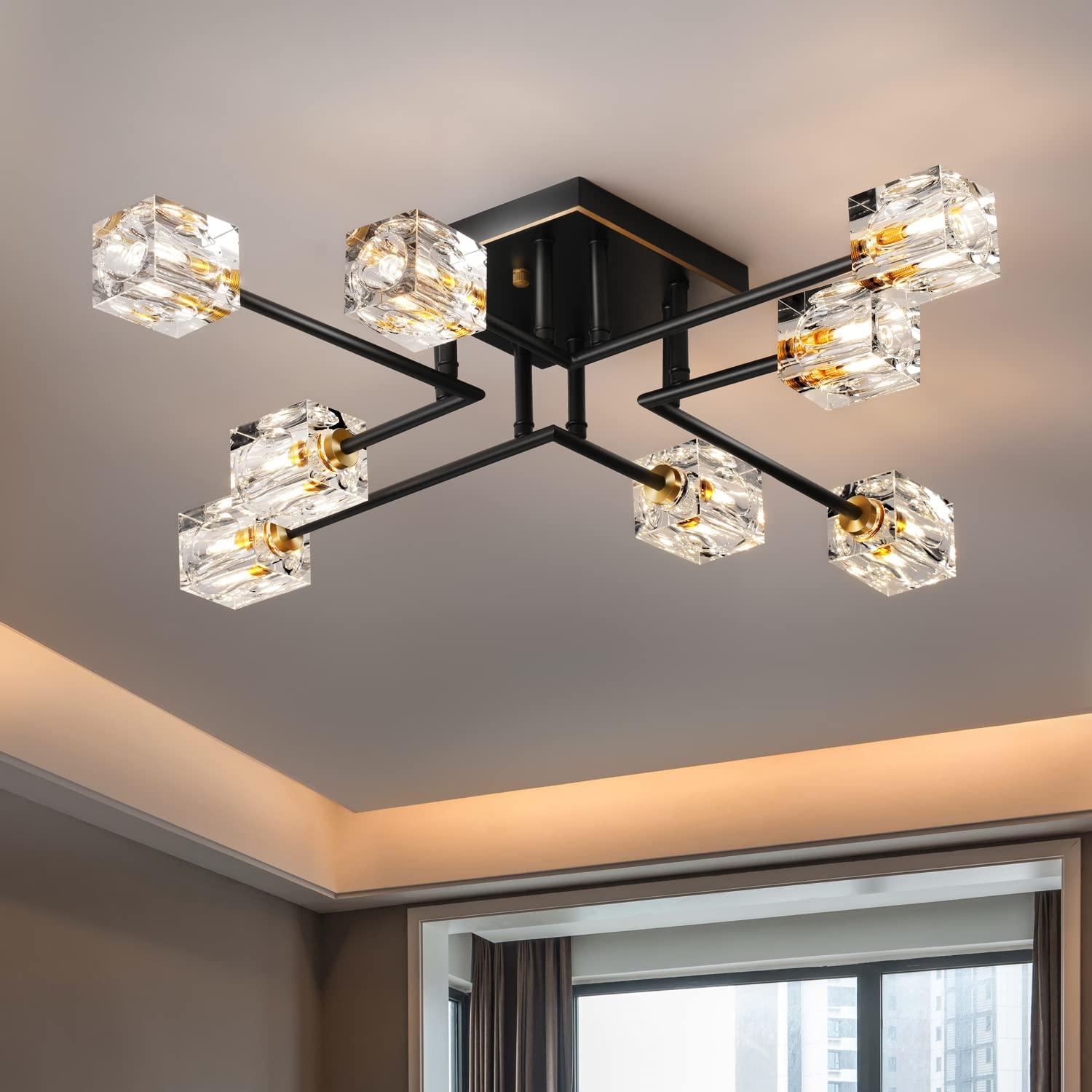 8-Lights Semi Flush Mount Ceiling Light Fixture,Black and Gold Modern Crystal Chandeliers,Farmhouse Lighting Fixtures for Dining Room Living Room Kitchen Bedroom Entryway.