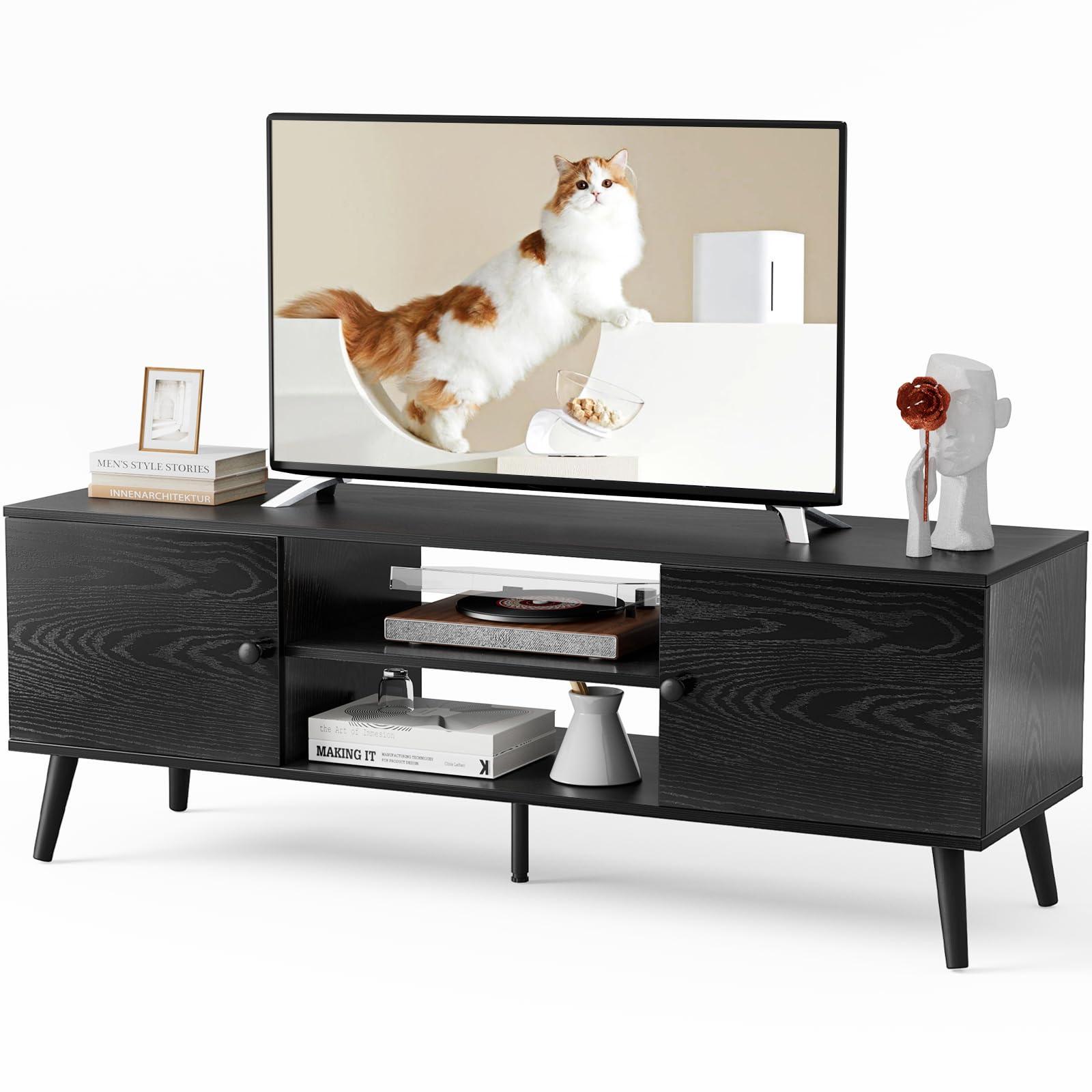 Sweetcrispy TV Stand for 55 60 inch TV, Modern Mid Century Entertainment Center with Storage, Media Console Table 2 Cabinet, Soft Hinge, Handle Door, Wooden Living Room, Office Furniture, Rustic Brown.