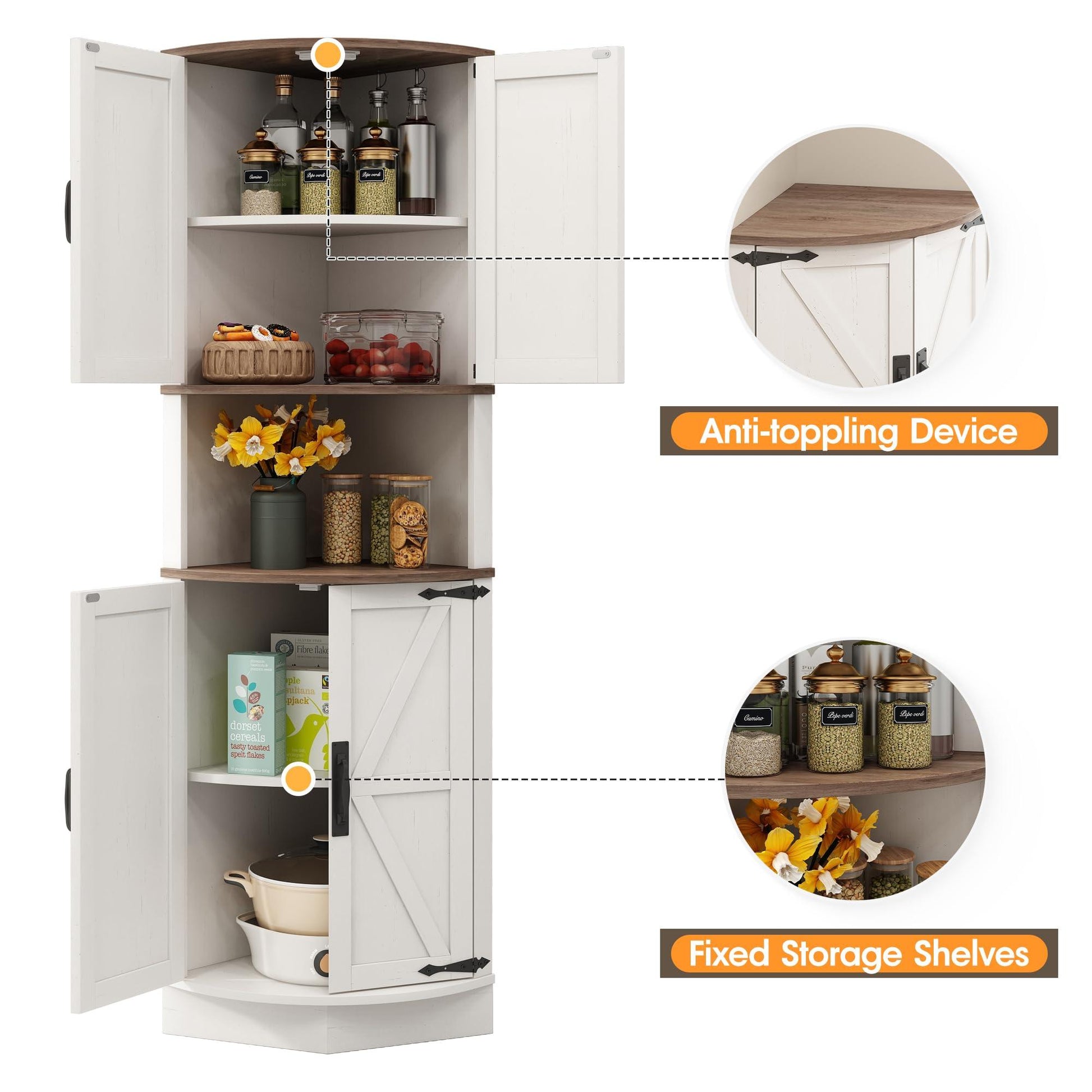 Vabches 64.8" Tall Farmhouse Corner Cabinet with 4 Doors and 5 Storage Shelves, Farmhouse Storage Cabinet with Barn Door Design, Home Space Saver for Living Room, Kitchen, Laundry Room,White.