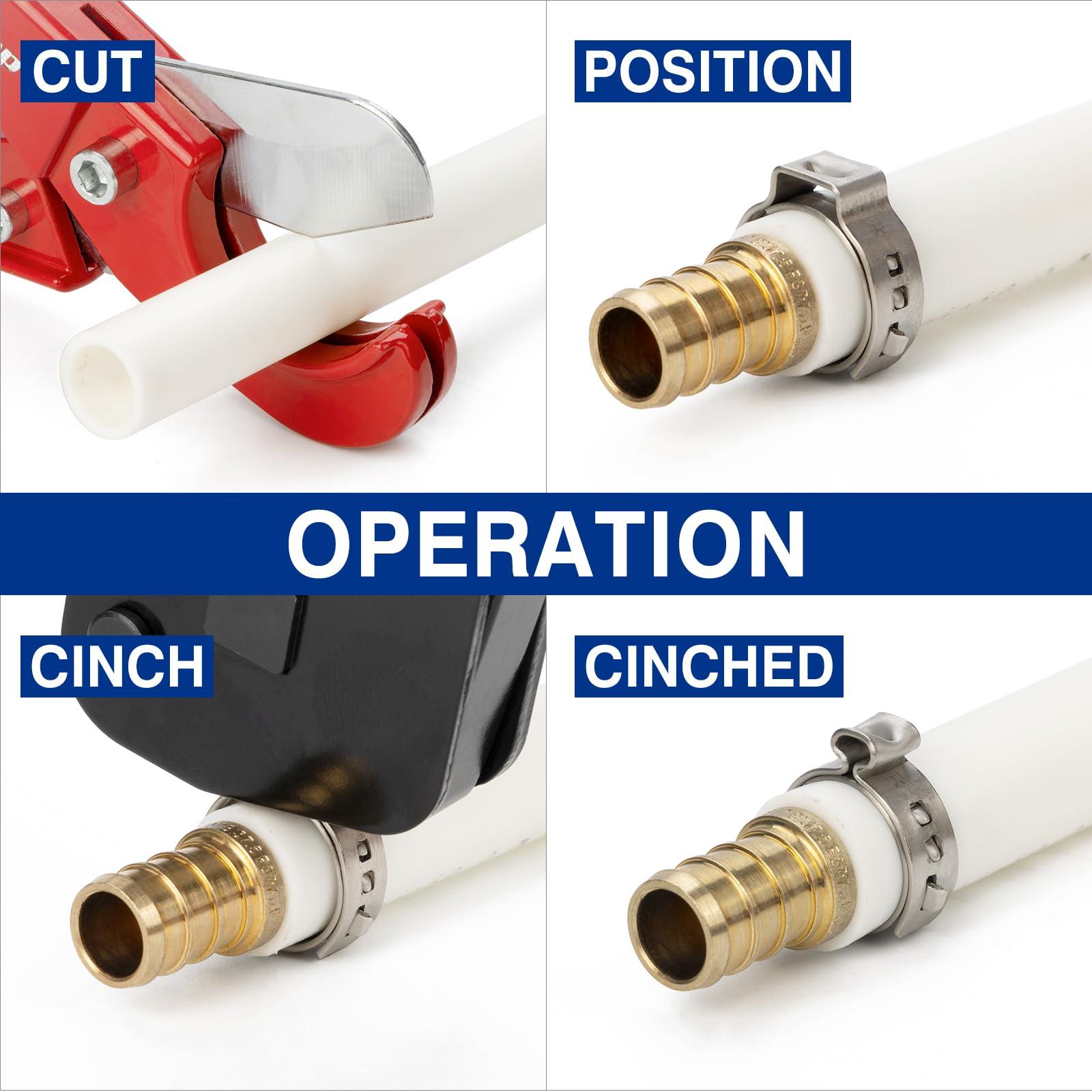 iCrimp PEX Clamp Tool Kit for 3/8-in, 1/2-in, 3/4-in, 1-in PEX Clamp Cinch & Removal, c/w 1/2''(20 Pack) and 3/4''(10 Pack) PEX Clamp Rings, PEX Tubing Cutter