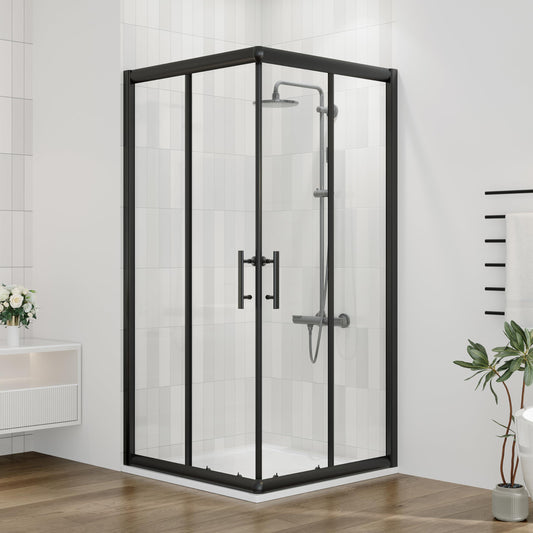 DELAVIN 36.in W x 36.in L x 75.in H Shower Enclosure, SGCC Clear Tempered Double Sliding Shower Door with Explosion-Proof Film, Corner Shower Glass Enclosure In Matte Black (Shower Base Not Included).