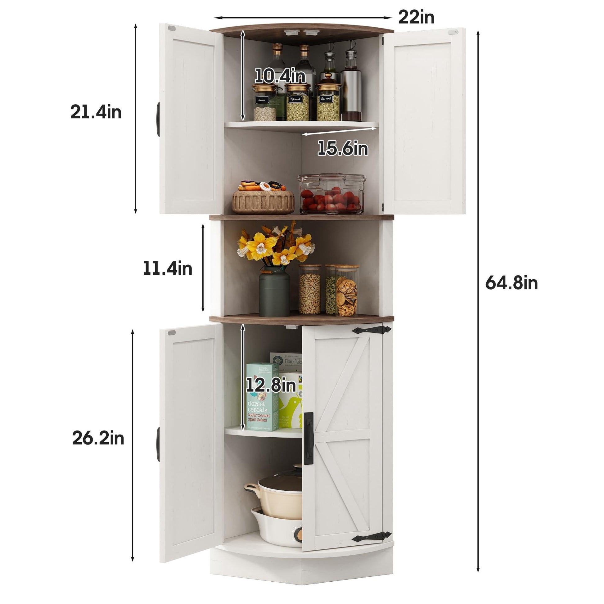 Vabches 64.8" Tall Farmhouse Corner Cabinet with 4 Doors and 5 Storage Shelves, Farmhouse Storage Cabinet with Barn Door Design, Home Space Saver for Living Room, Kitchen, Laundry Room,White.