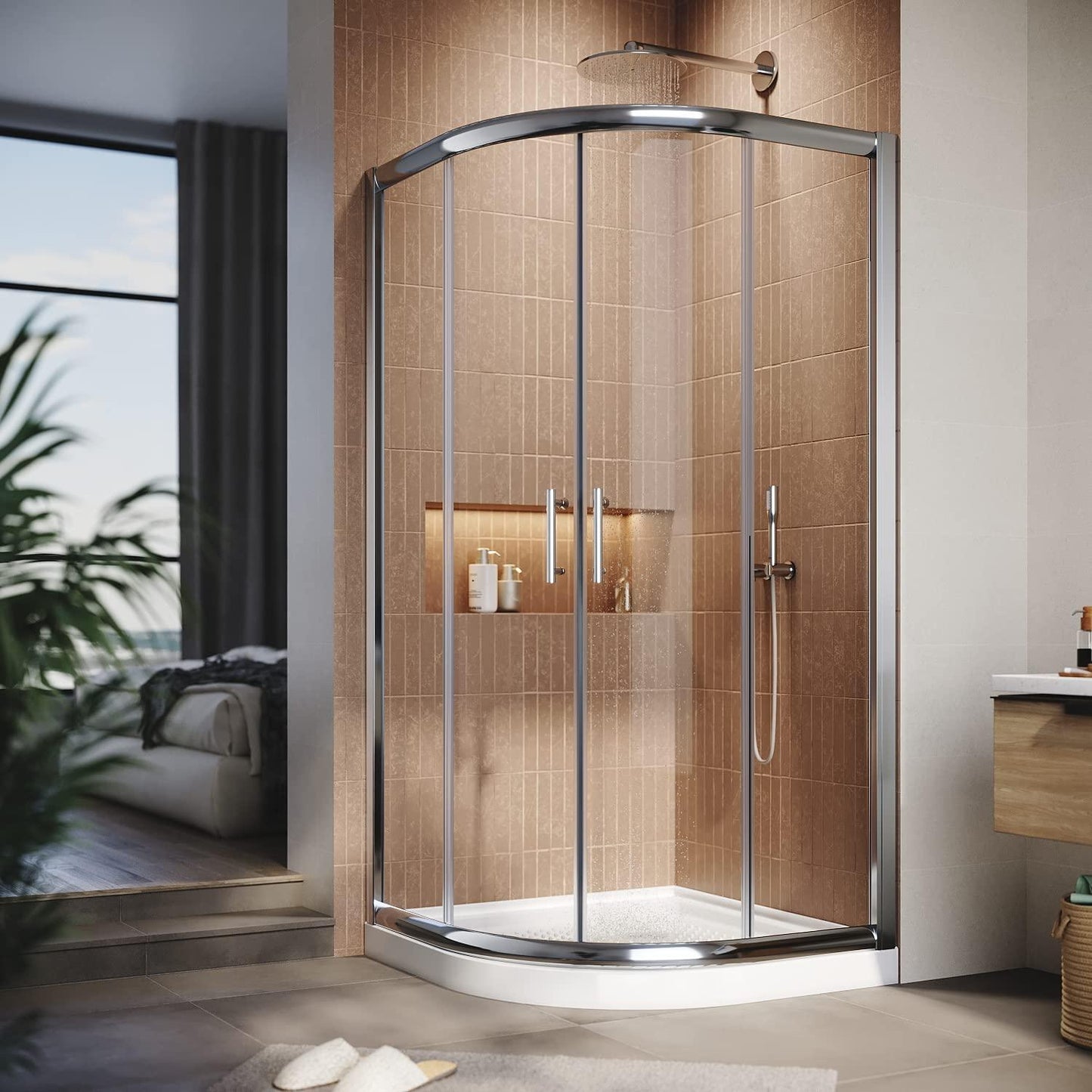 SUNNY SHOWER Double Sliding Shower Door 36.7 in. D x 36.7 in. W x 72 in.H Round Corner Shower doors with 1/4 in. Clear Glass Framed Shower Enclosure with Black Finish with Shower Base.