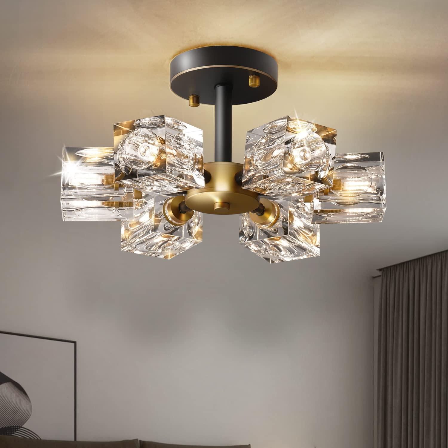 8-Lights Semi Flush Mount Ceiling Light Fixture,Black and Gold Modern Crystal Chandeliers,Farmhouse Lighting Fixtures for Dining Room Living Room Kitchen Bedroom Entryway.