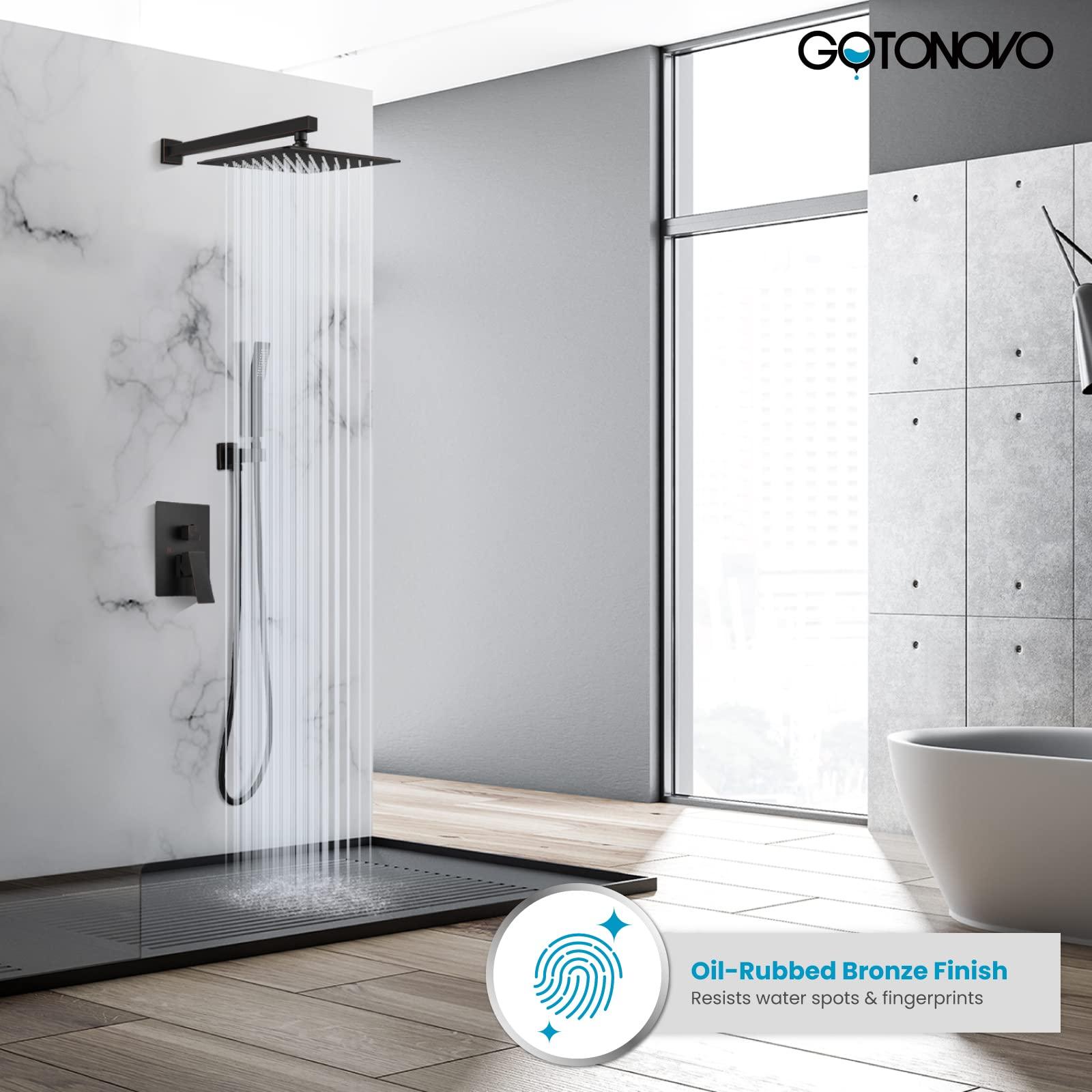 gotonovo Rainfall Bathroom Shower System Rain Shower Head and Handle Set Wall Mounted Shower Complete Combo Solid Brass Pressure Balancing Shower Mixer Valve 10 Inch Matte Black