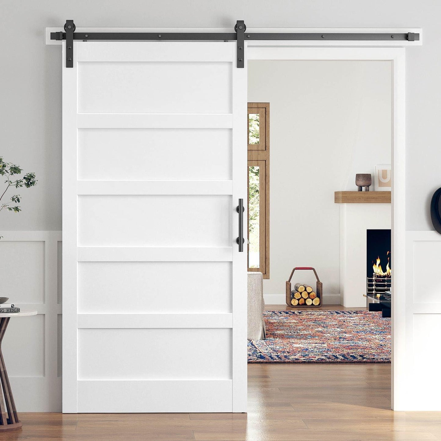 30x84 Inch White Sliding Barn Door Slab with 5.5ft Hardware Kit Included, 5-Panel, MDF Wood Panel Covered with Water-Proof Scratch-Proof PVC Surface, Simple DIY Assembly.