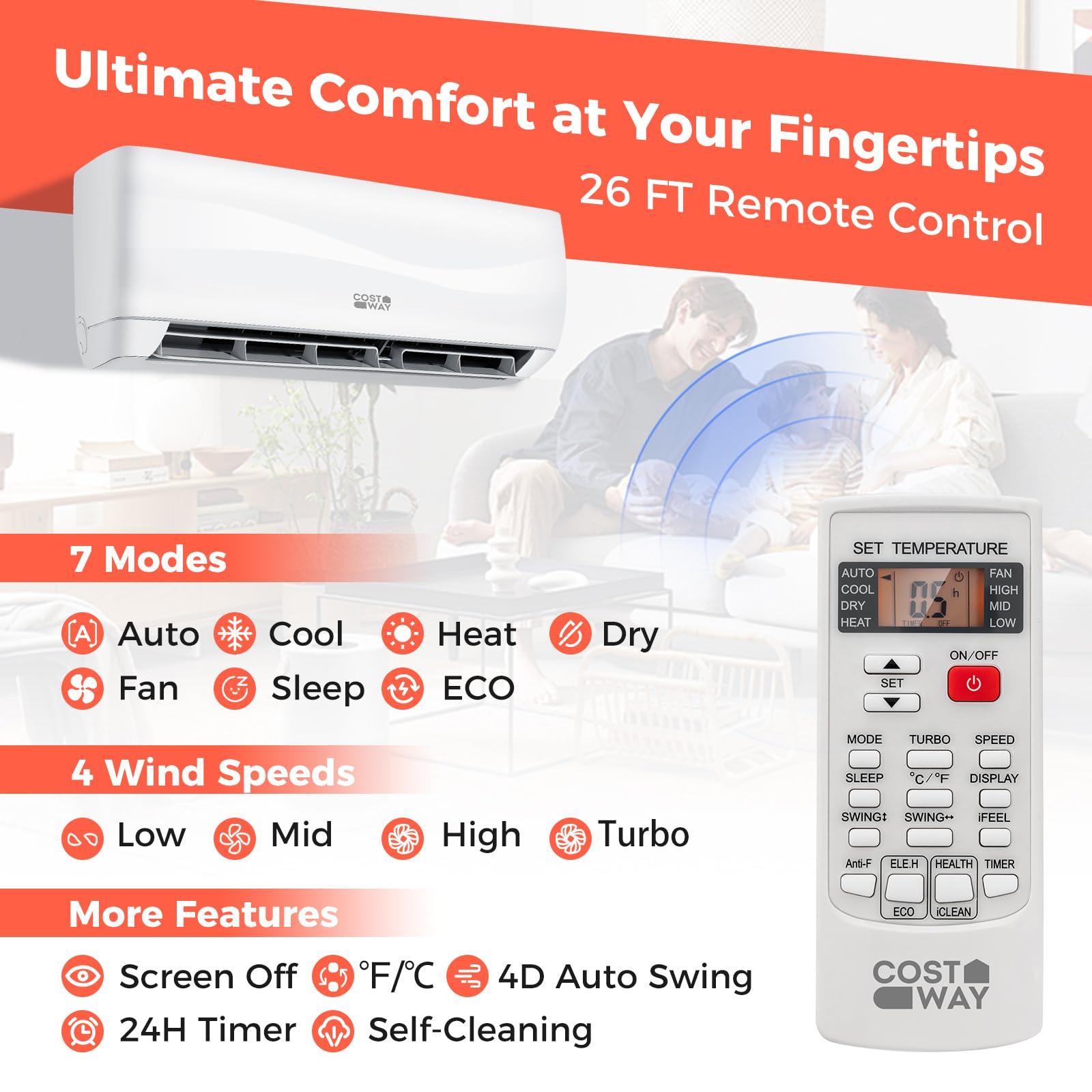 COSTWAY Blast Series 9000BTU Split Air Conditioner & Heater, 17 SEER2 208V-230V Energy Efficient Wall Mount AC Unit w/Heat Pump, Inverter System, Remote Control, Cools Rooms up to 450 Sq. Ft..