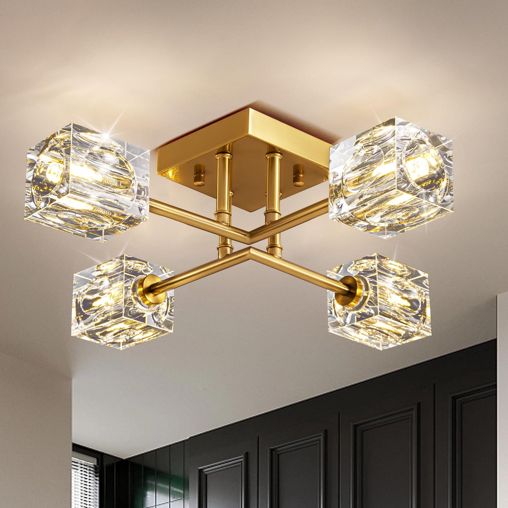 8-Lights Semi Flush Mount Ceiling Light Fixture,Black and Gold Modern Crystal Chandeliers,Farmhouse Lighting Fixtures for Dining Room Living Room Kitchen Bedroom Entryway.